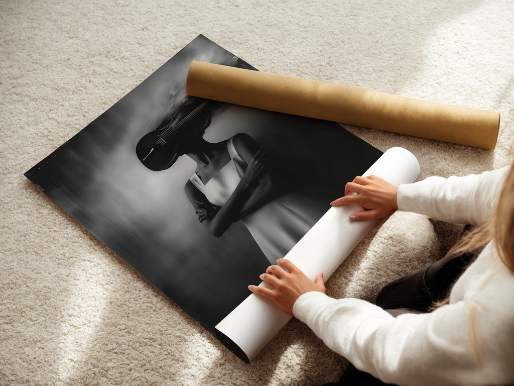 A woman rolls a fine art poster paper. She is preparing a surreal woman print. This black and white photography poster is ready for framing. Get your dreamy artwork and enhance your space now