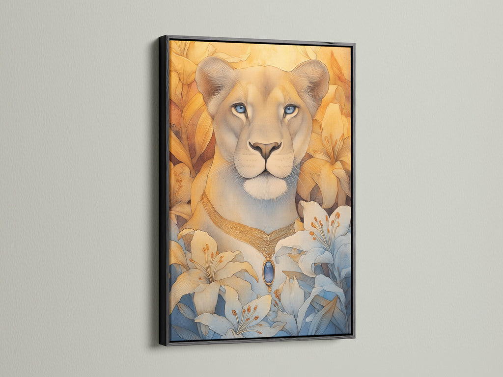 Lioness Portrait Canvas Art in a black frame. This piece is a contemporary wildlife print. It will elevate your bedroom decor. The blue eyes lion art adds a refined touch. Great for renters and homeowners. Shop our lioness wall art now