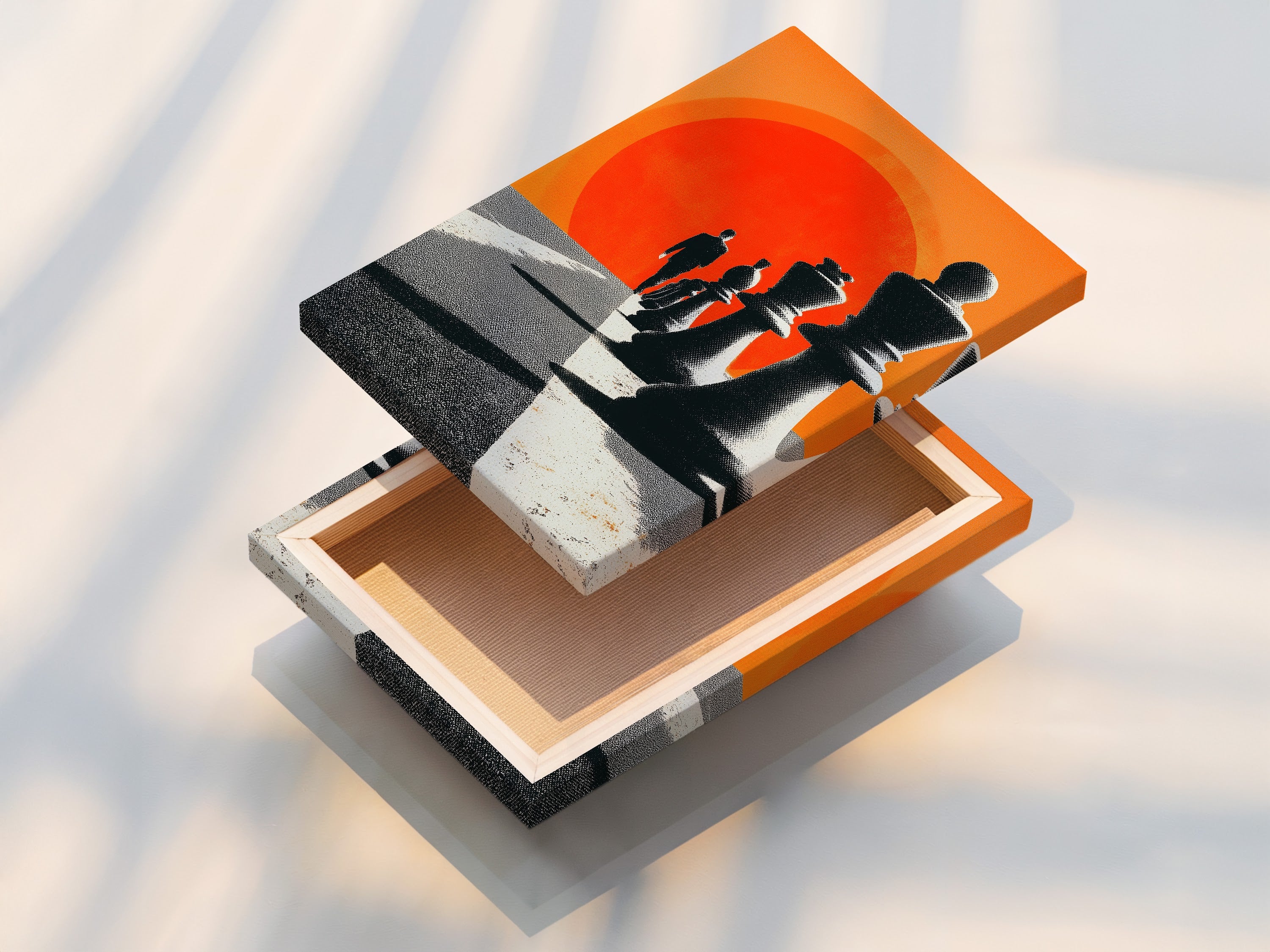 Stretched canvas print. This is ready to hang. The canvas is stretched perfectly over a wooden frame. This provides a clean gallery-wrapped look. Its durable construction ensures long-lasting quality. Transform your space with vibrant art. The artwork features chess pieces and a figure walking towards a red sun.