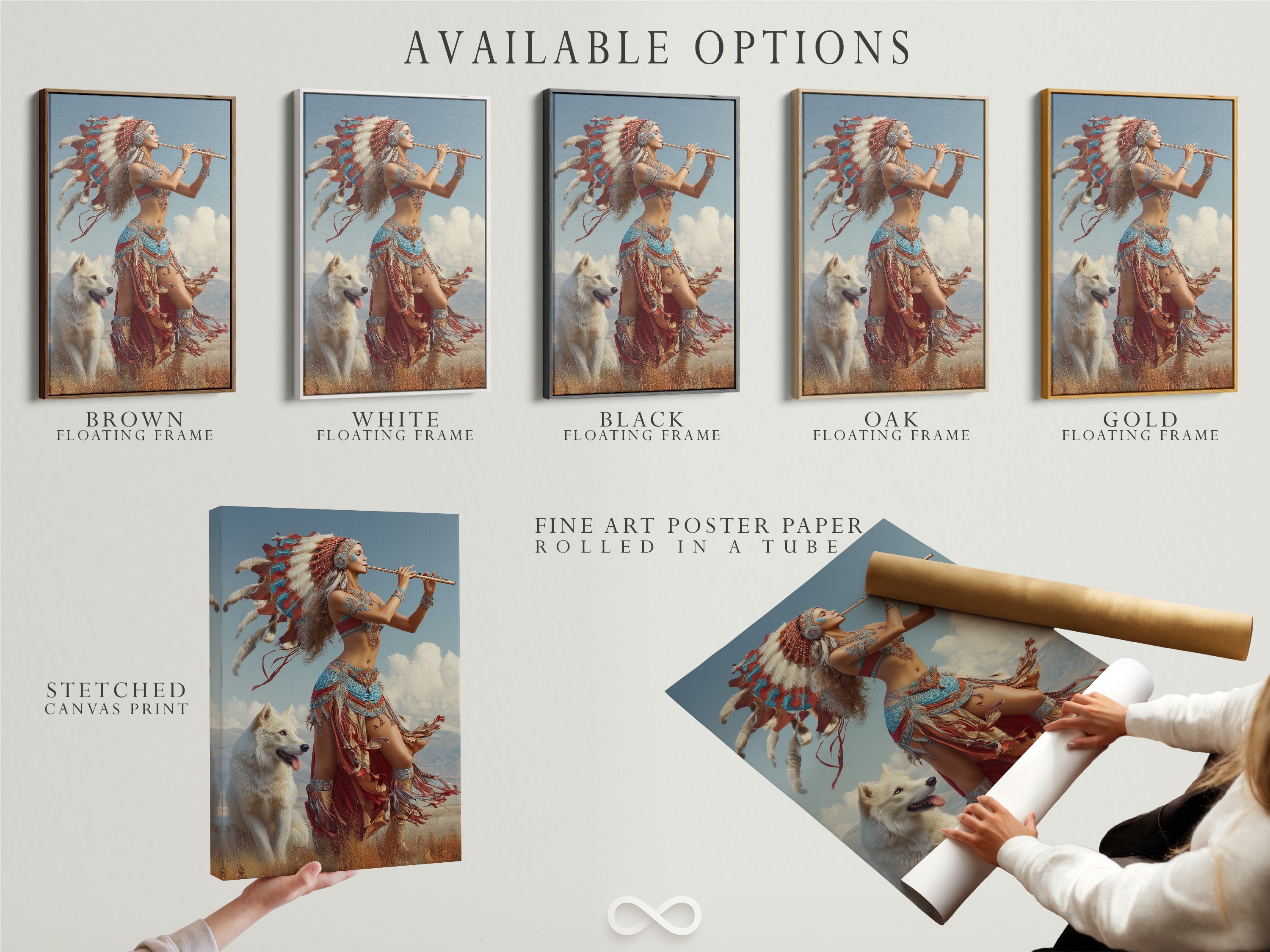Available art options are showcased together. These include a stretched canvas print fine art poster paper and floating frame. Choose the perfect format to display your favorite artwork. Each option offers a unique aesthetic.
