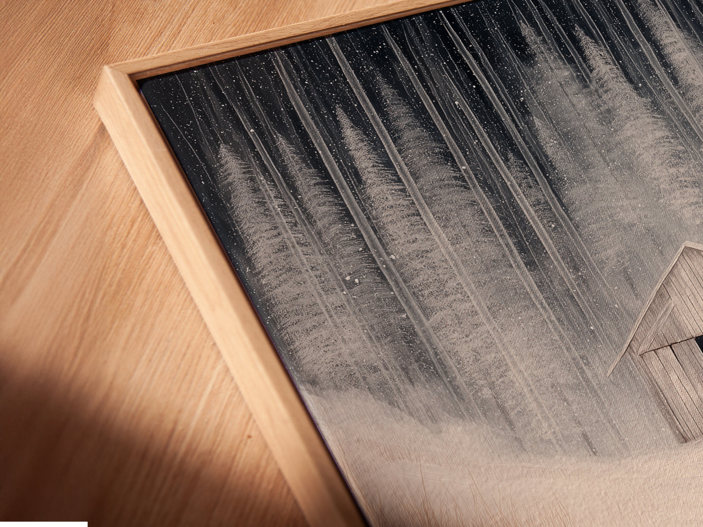 Close-up angled view of a canvas print in a floating frame. The winter landscape artwork features figures in a snowy field. A minimalist piece perfect for modern farmhouse decor. Elevate your space with this art.