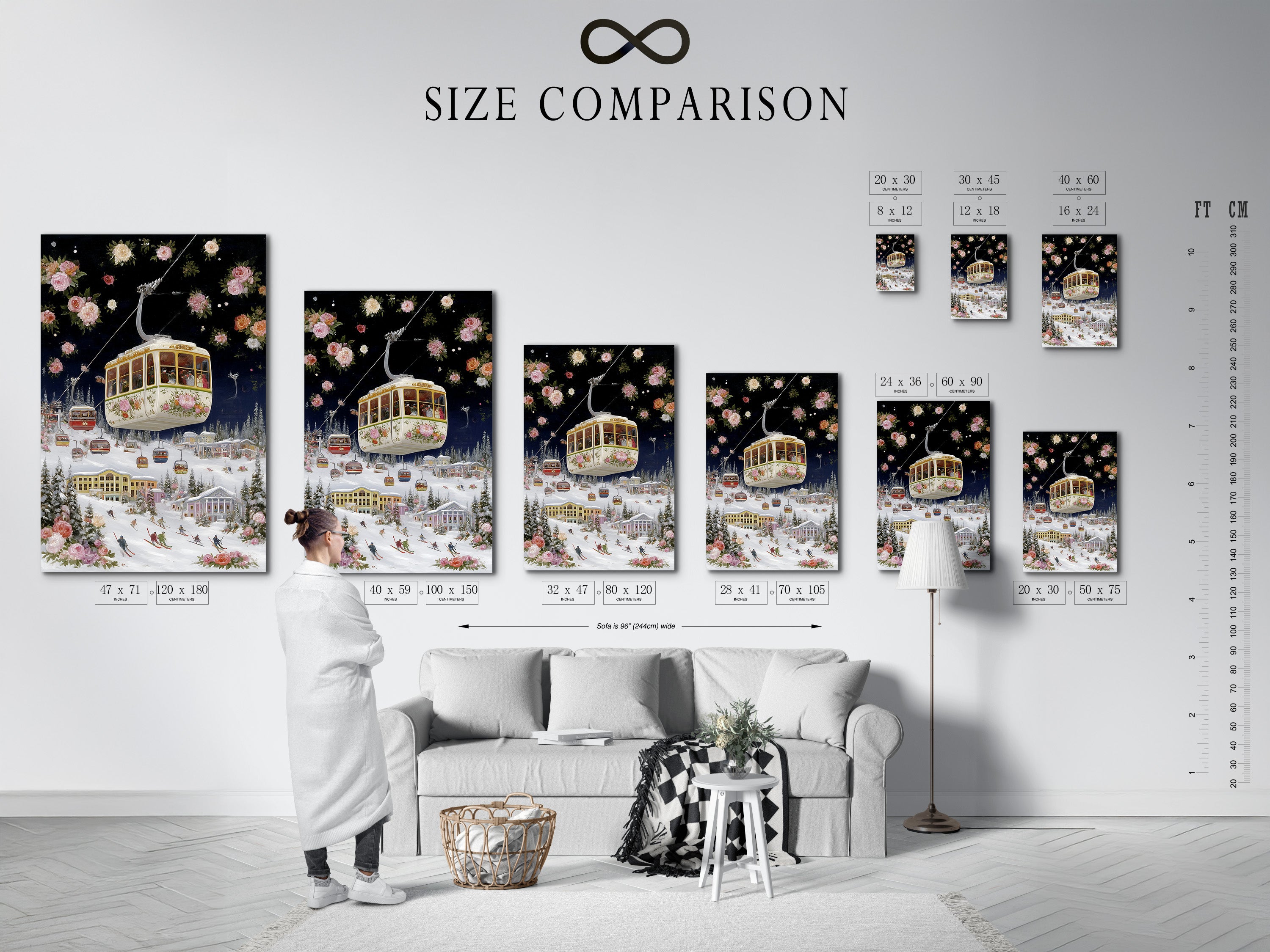 Size comparison chart in interior setting displaying various sizes of the ski resort artwork. This vintage floral alpine wall art features a gondola winter landscape. Choose the perfect size for your ski lodge decor. Find the right fit for your space.