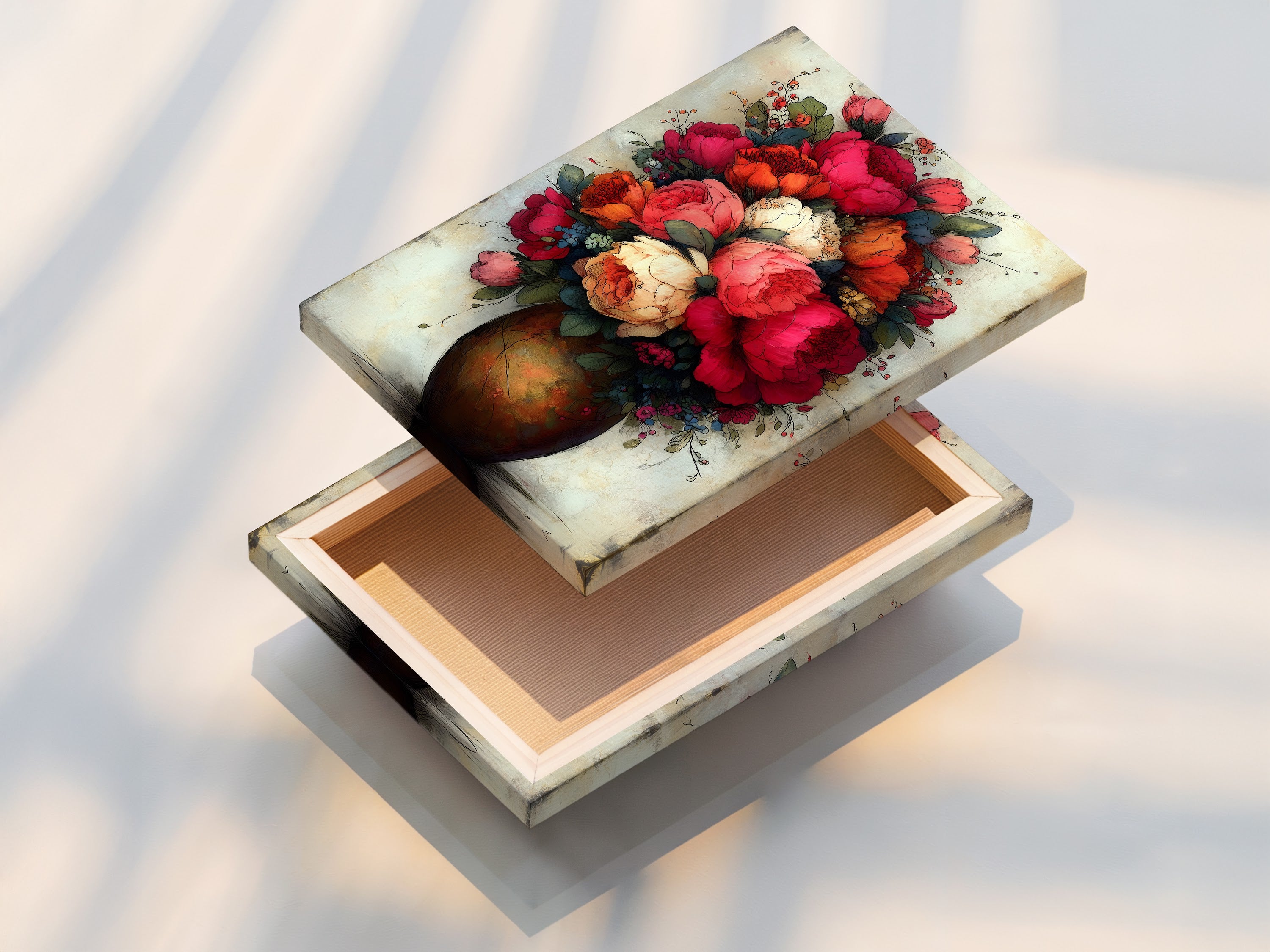 A stretched canvas print displays a beautiful floral bouquet art piece. Featuring red peonies in a vintage botanical style. Perfect for adding a touch of elegance to your living room wall art. Explore our flower artwork collection today.