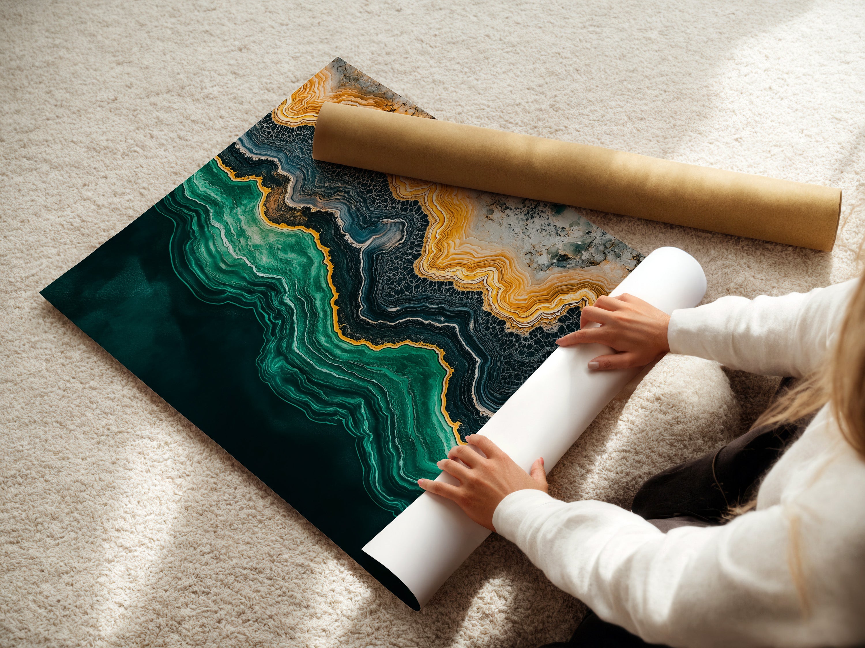 A woman is carefully rolling a fine art poster paper. The paper showcases an abstract ocean artwork in emerald green teal and gold. High-quality printing ensures vibrant colors and sharp details. Perfect for creating stunning wall art.