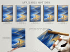 Available options for the Ocean Reflection artwork are displayed. Choose from a stretched canvas print fine art poster paper or floating frame. The blue and gold abstract seascape print suits any style. Enhance your space with this tranquil coastal artwork.