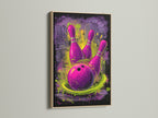 Bowling graffiti art print with an oak frame is displayed. The purple and green artwork is ideal for a game room or man cave. The oak frame enhances the urban sports wall decor. This canvas print adds a touch of style to any space.