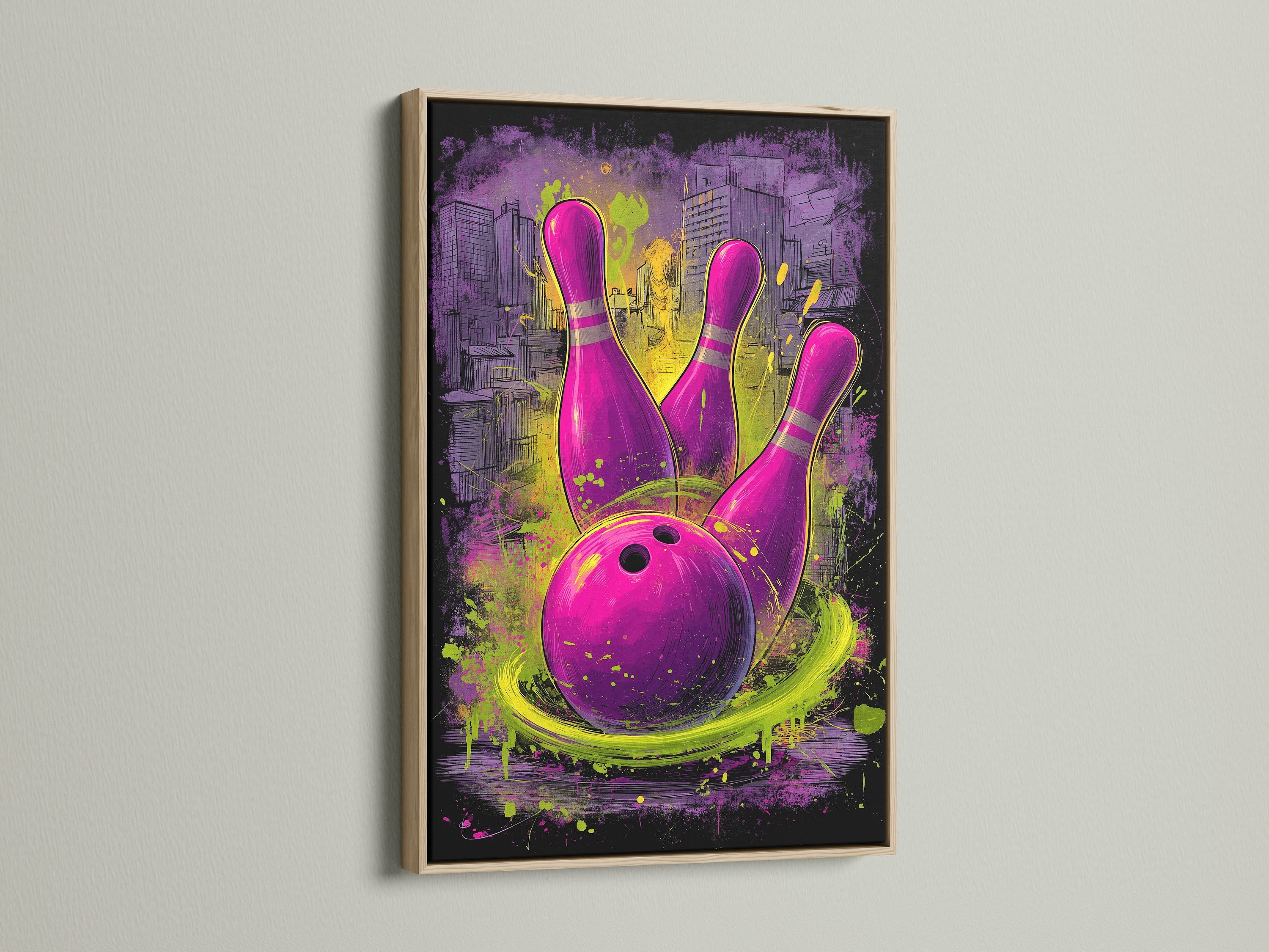 Bowling graffiti art print with an oak frame is displayed. The purple and green artwork is ideal for a game room or man cave. The oak frame enhances the urban sports wall decor. This canvas print adds a touch of style to any space.