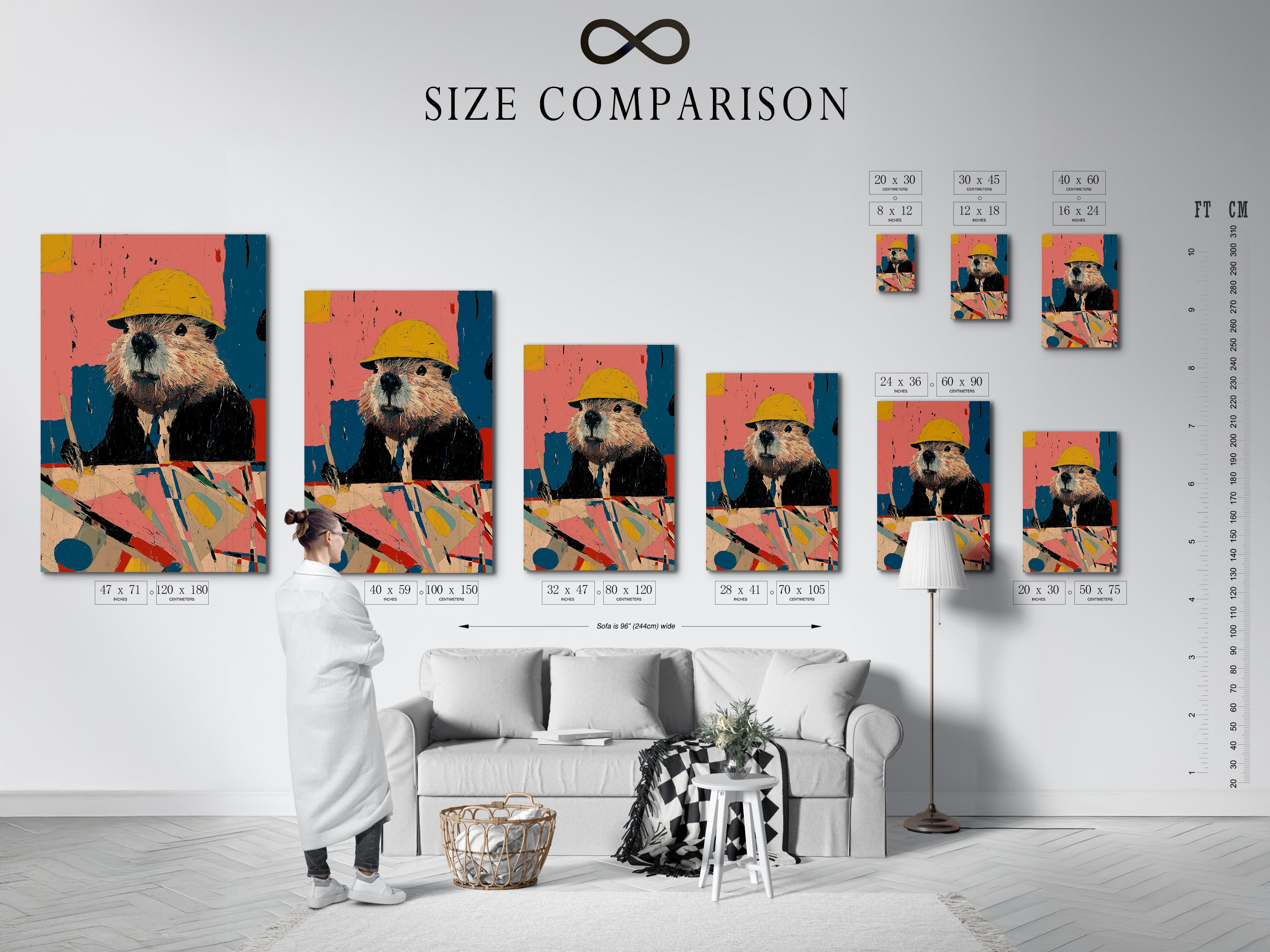 Size comparison chart of the beaver construction worker artwork in an interior setting. See how this retro wall art fits in different spaces. Visualize the impact of this vintage animal print. Available in various sizes.