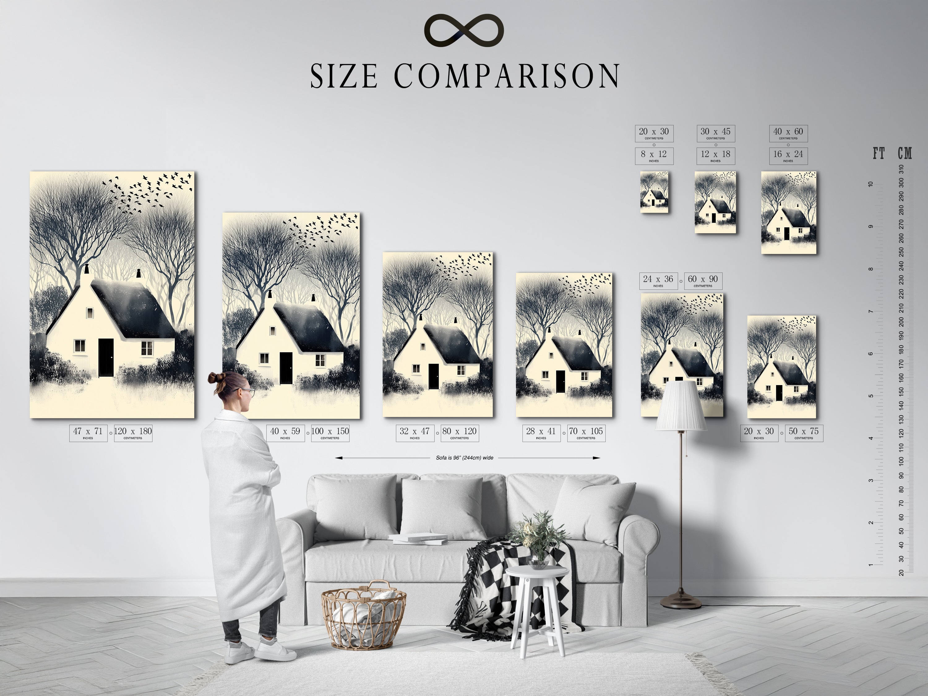 Size comparison chart in an interior setting showcasing the Winter Cottage artwork. Visualize the perfect size for your space. Choose from various sizes to suit your wall decor needs in any room including cabins or libraries.