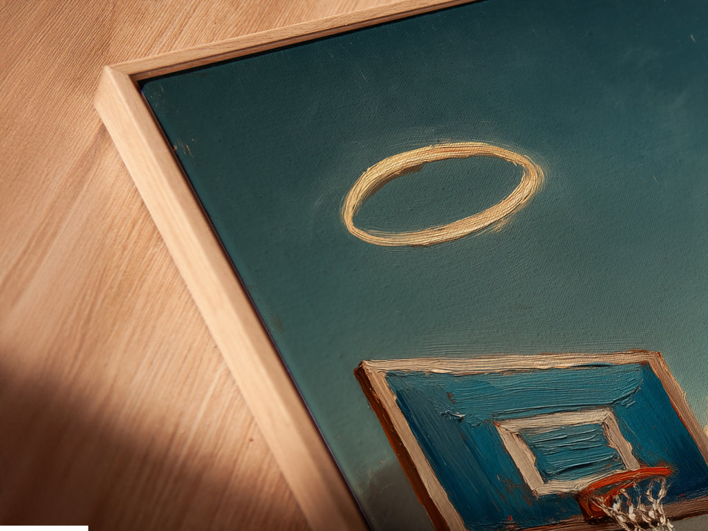 A close-up angled view shows a canvas print in a floating frame. This coastal basketball art gains depth and dimension. Perfect for a man cave or office. The floating frame enhances the sporty vibe. A stylish and modern gift option. Elevate your walls with this framed artwork.