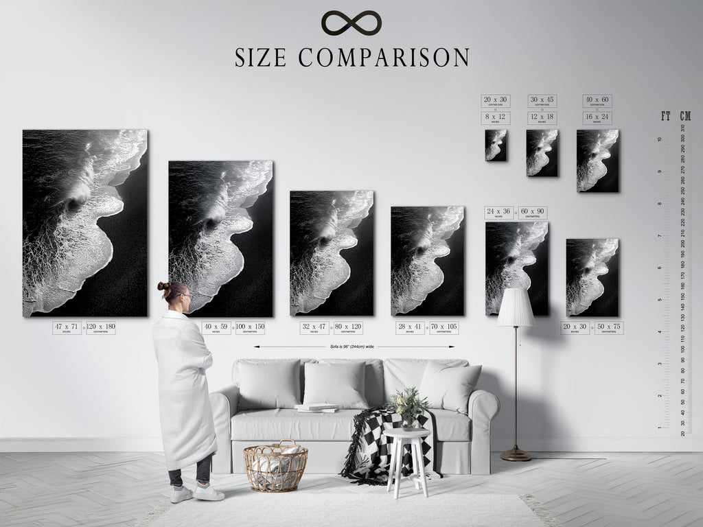 A size comparison chart is displayed in an interior setting. It showcases various dimensions for artwork prints. It is perfect for minimalist decor. This beach canvas print helps visualize the perfect fit for your space. Explore ocean photography options for coastal wall art. Find the ideal size for your living room or bedroom decor.