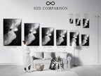 A size comparison chart is displayed in an interior setting. It showcases various dimensions for artwork prints. It is perfect for minimalist decor. This beach canvas print helps visualize the perfect fit for your space. Explore ocean photography options for coastal wall art. Find the ideal size for your living room or bedroom decor.