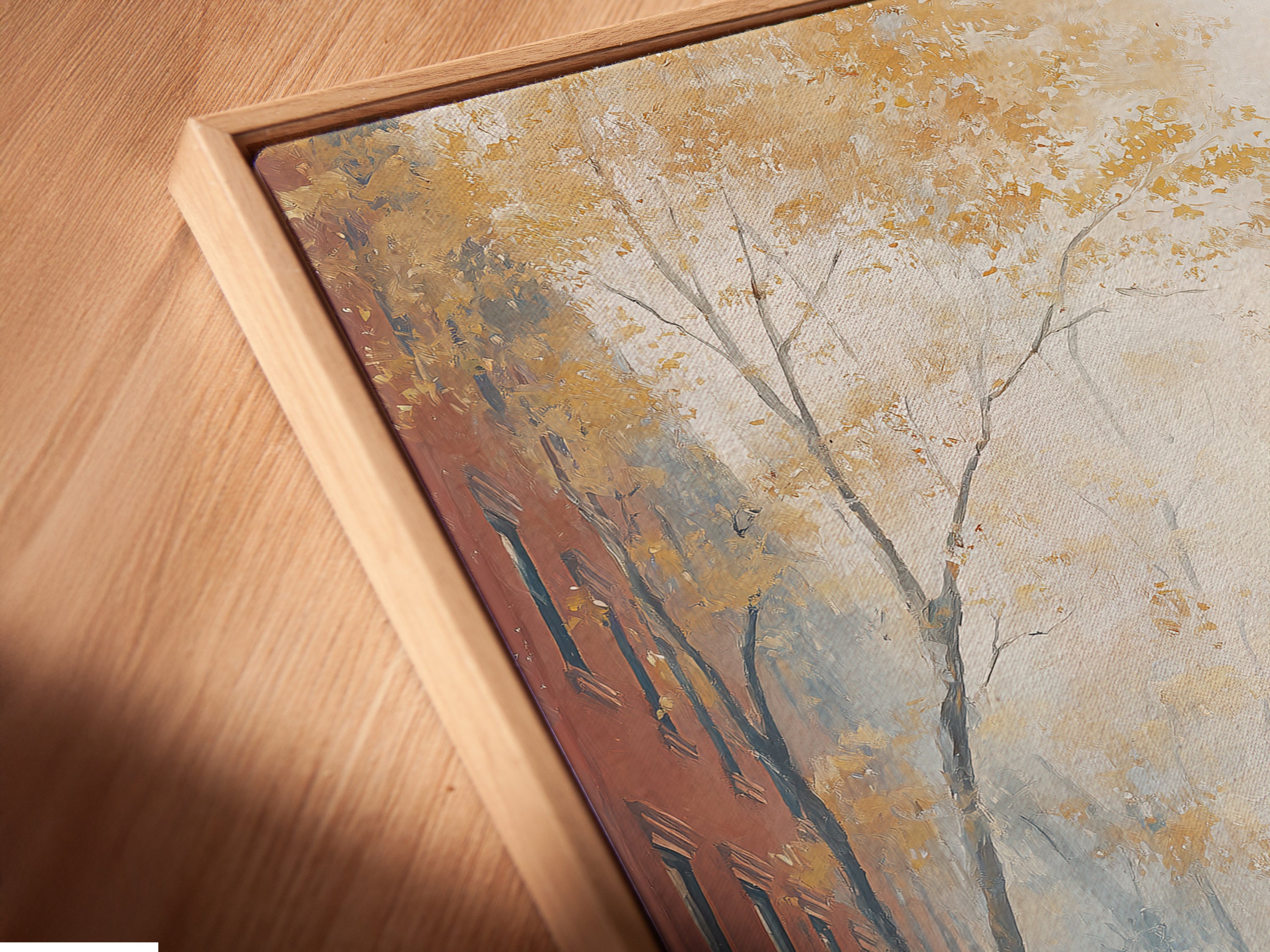 A close-up angled view of a canvas print in a floating frame. The artwork features a woman and her dog. The floating frame gives the artwork a modern look. This artwork is ideal for contemporary decor styles.