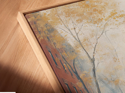 This is a close-up of the City Stroll Canvas Print. It is displayed in a floating frame. The artwork features a woman and dog in an impressionist style. The floating frame adds a modern touch. Perfect for showcasing this serene canvas. This piece enhances any living room or entryway. It's ideal for contemporary decor.