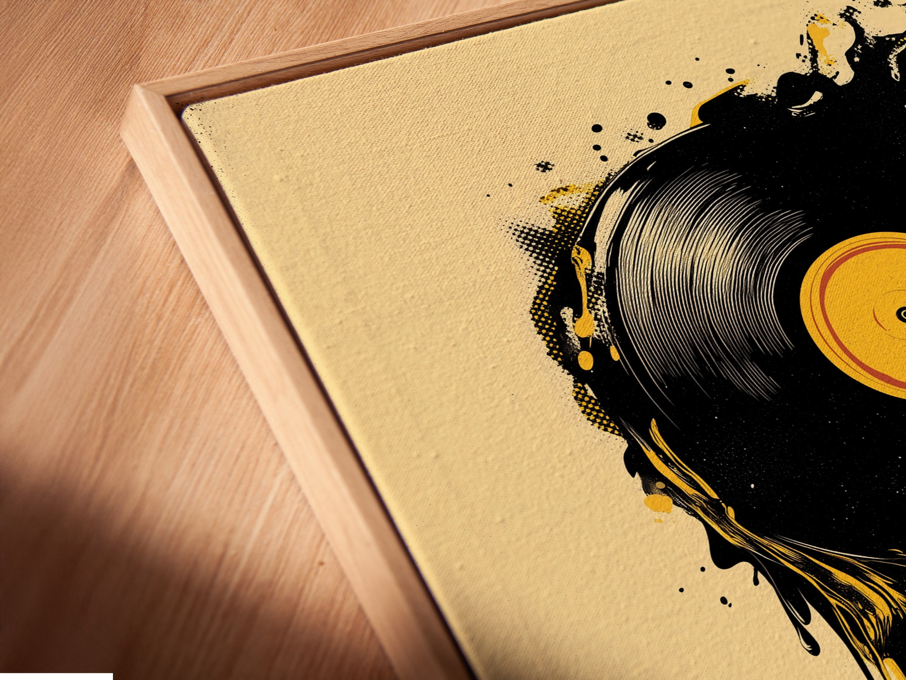 Close-up of the canvas texture and the LP label in yellow and black.