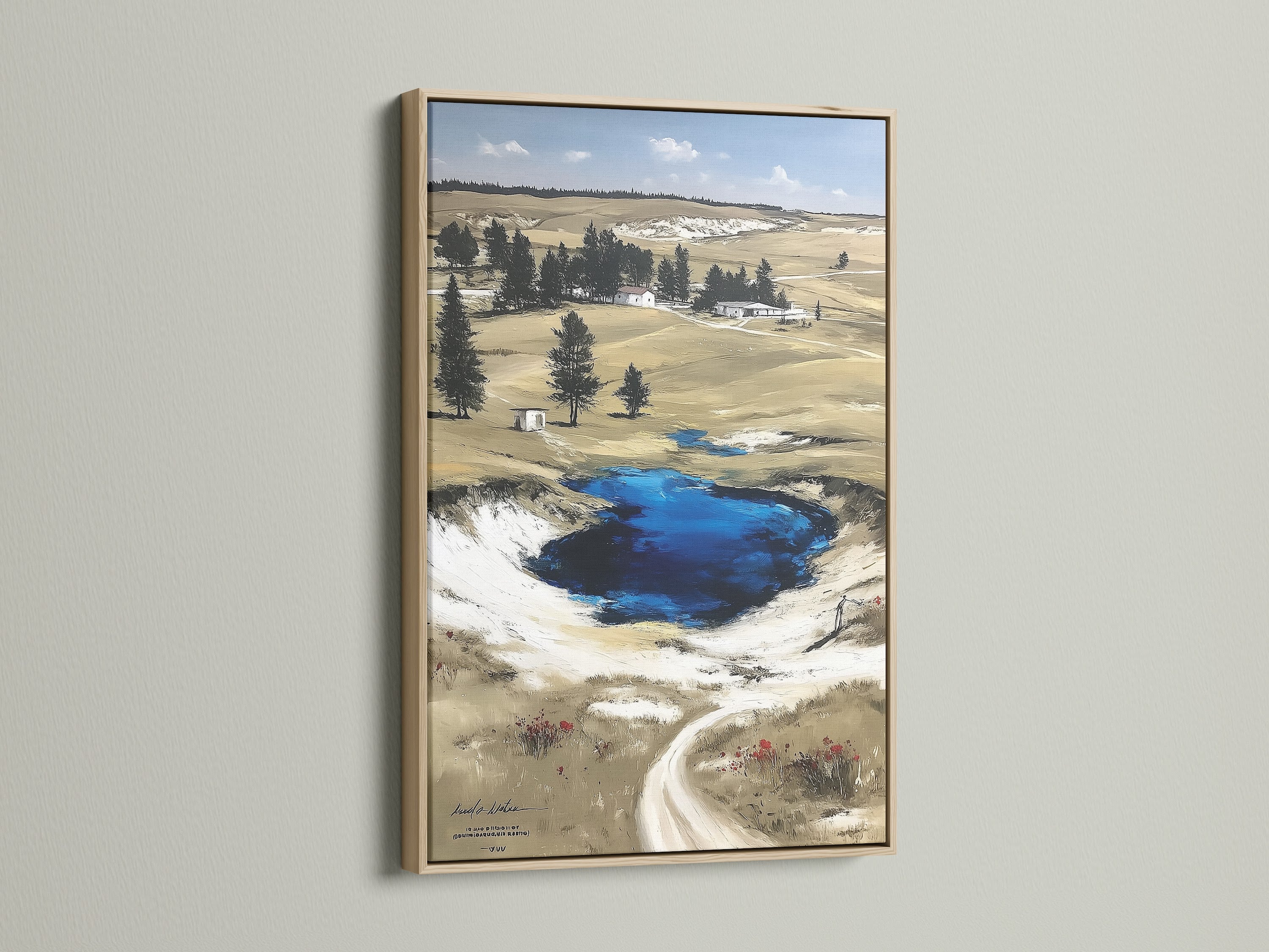 Oak frame displays Wyoming landscape artwork. The Grand Prismatic Springs Yellowstone National Park poster is ideal for office wall decor. It is perfect nature wall art for rustic farmhouse neutral or nature-inspired styles. This scenic artwork elevates any space.