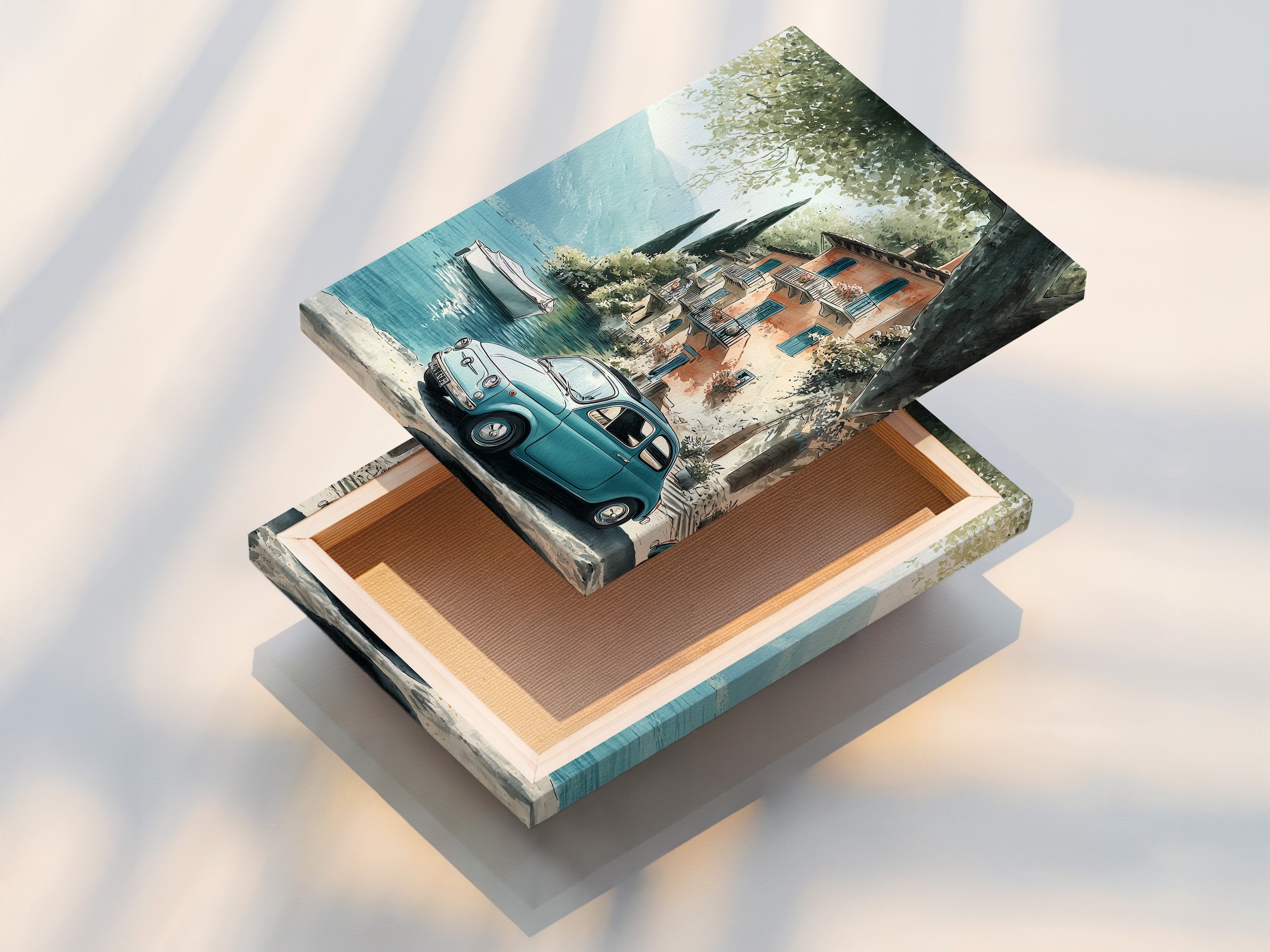 Stampa artistica vintage della costa italiana - Scena di lago mediterraneo, decorazione murale di auto d'epoca, poster di viaggio retrò, arte di un villaggio europeo