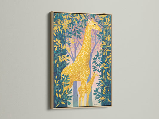 A captivating giraffe artwork is showcased in an oak frame. This safari nursery art features a tropical animal art theme. The colorful giraffe and botanical elements make it perfect for kids room decor. This safari canvas art adds a touch of jungle charm.