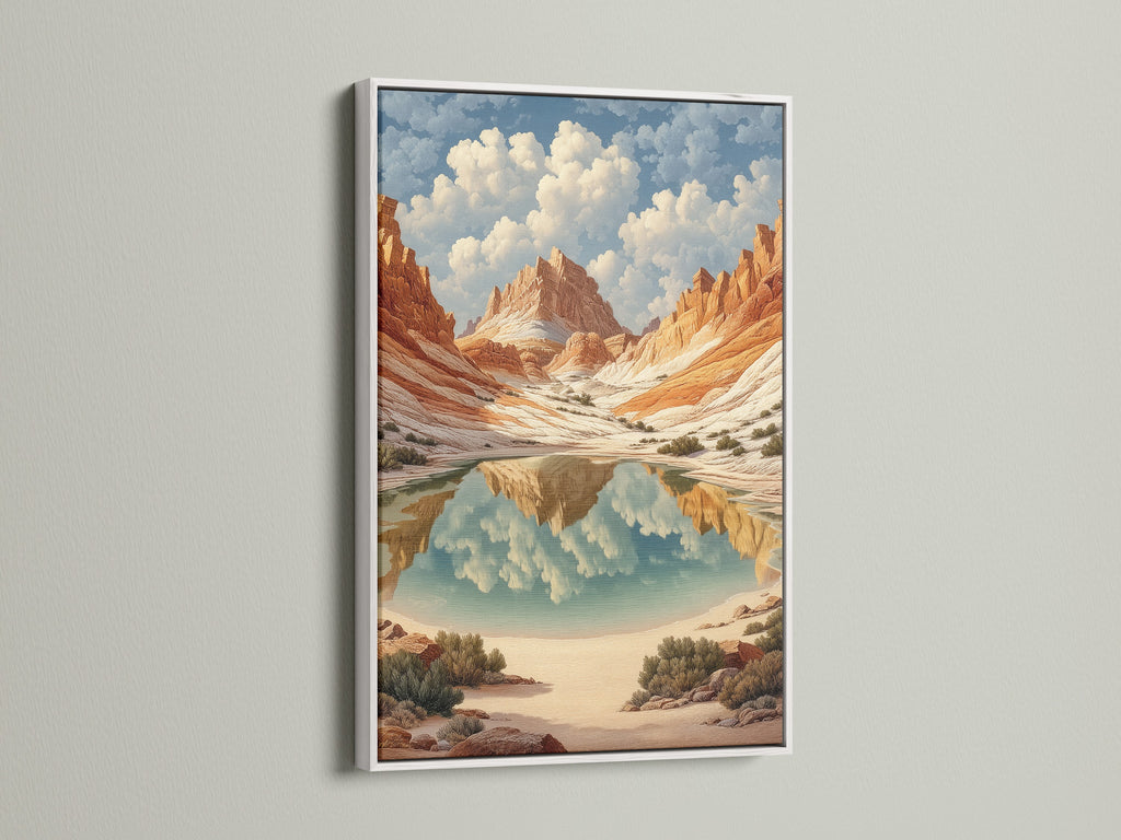 Bring a touch of nature indoors with this desert wall art. The southwestern art print showcases a canyon landscape in a white frame. The terracotta art complements minimalist and modern interiors. This mountain print enhances living rooms bedrooms and office spaces with serene beauty.