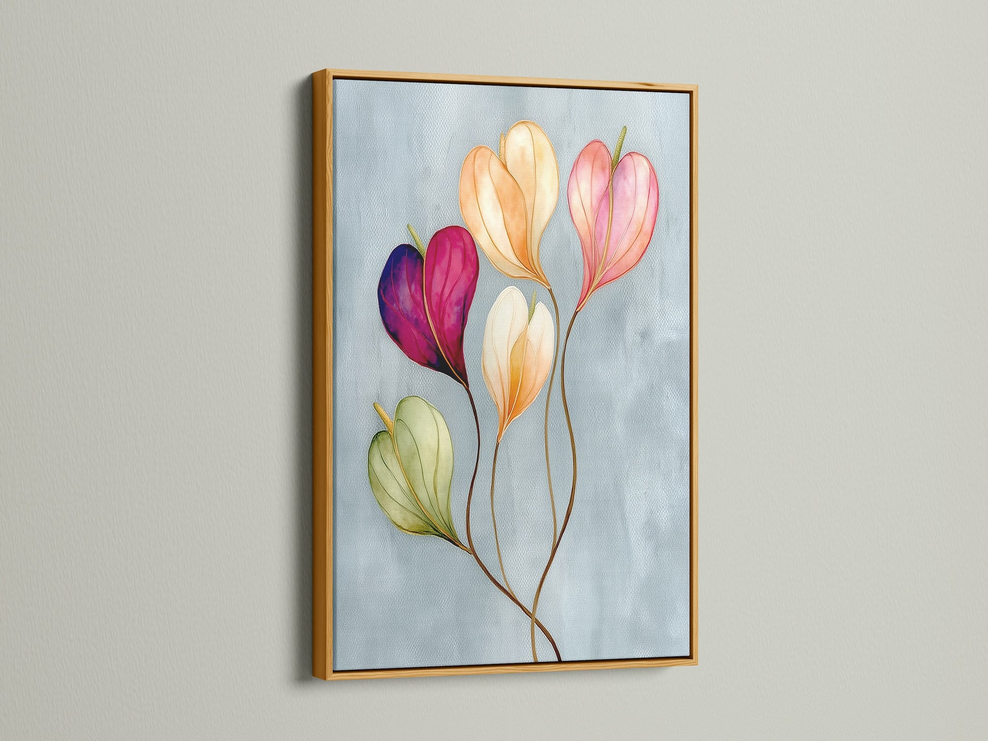 Floral watercolor canvas print in a gold frame is displayed. The blush pink decor complements modern interiors. This botanical canvas is suitable for a stylish office. Ideal for adding a touch of elegance with flower artwork. Makes a thoughtful flower gift idea.