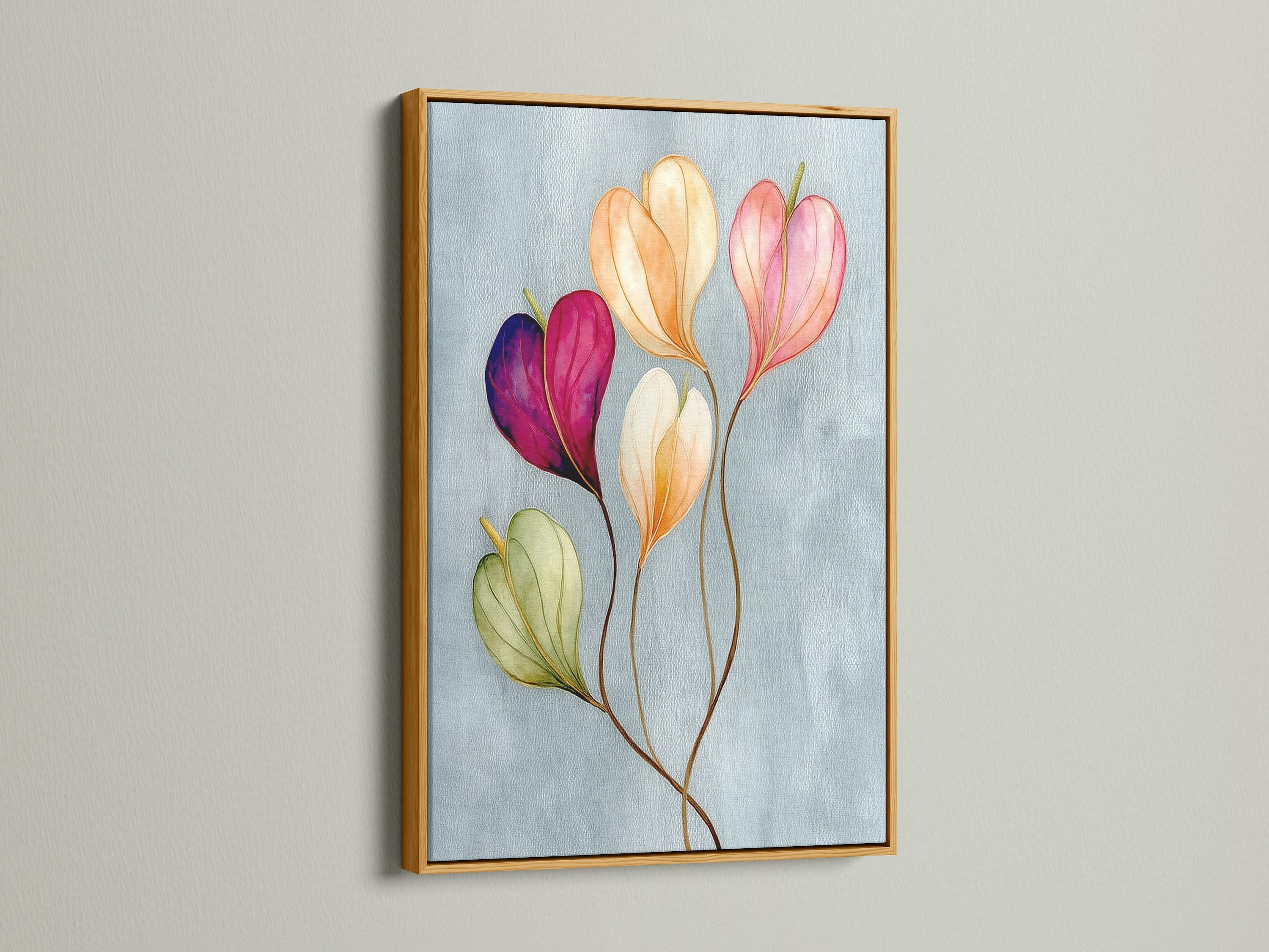 Floral watercolor canvas print in a gold frame is displayed. The blush pink decor complements modern interiors. This botanical canvas is suitable for a stylish office. Ideal for adding a touch of elegance with flower artwork. Makes a thoughtful flower gift idea.