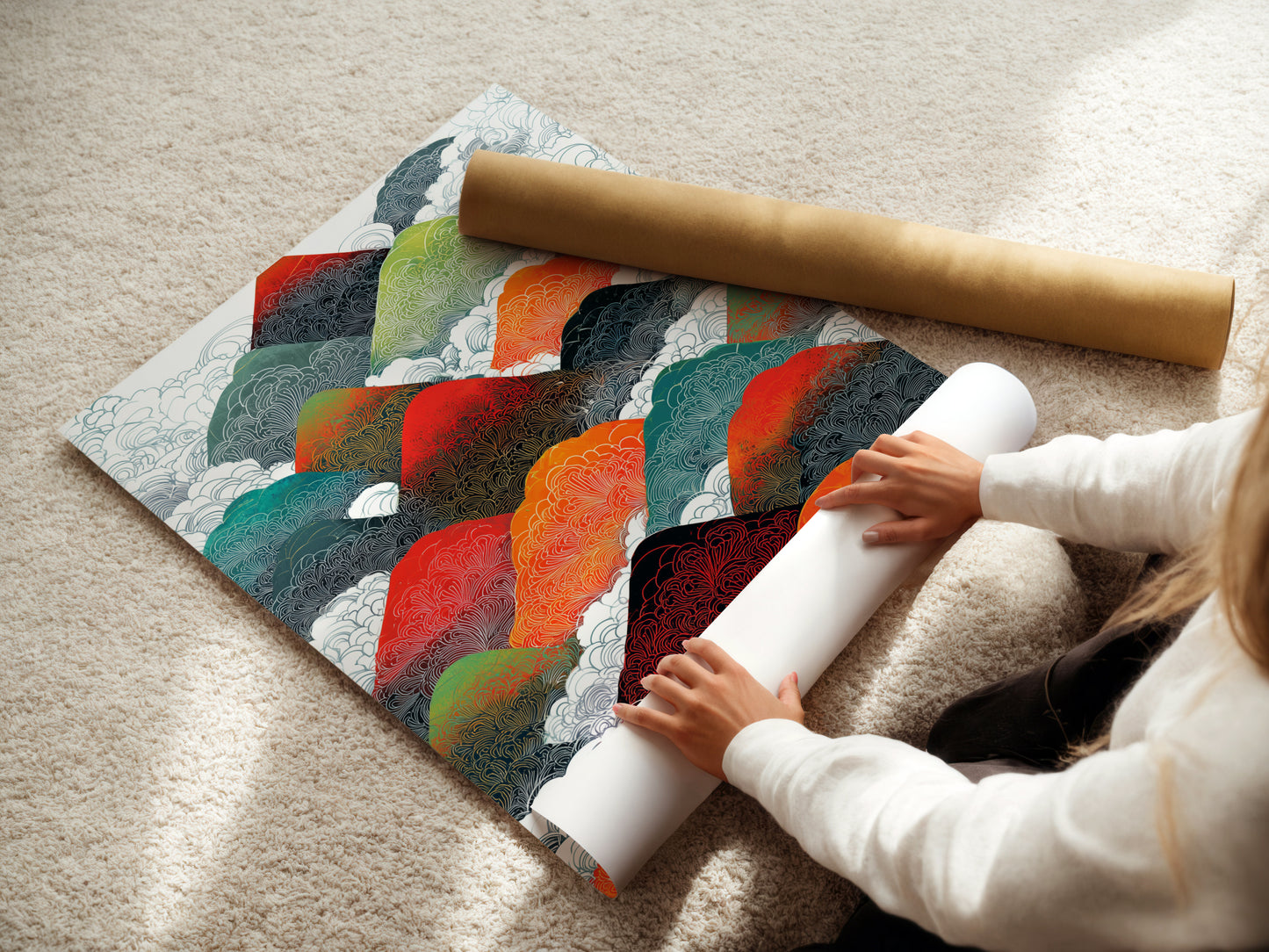 A woman carefully rolling a fine art poster paper. Preparing a mountain range art print for display this abstract landscape artwork is ready to enhance your home wall decor. The fine art poster paper ensures a high-quality print.