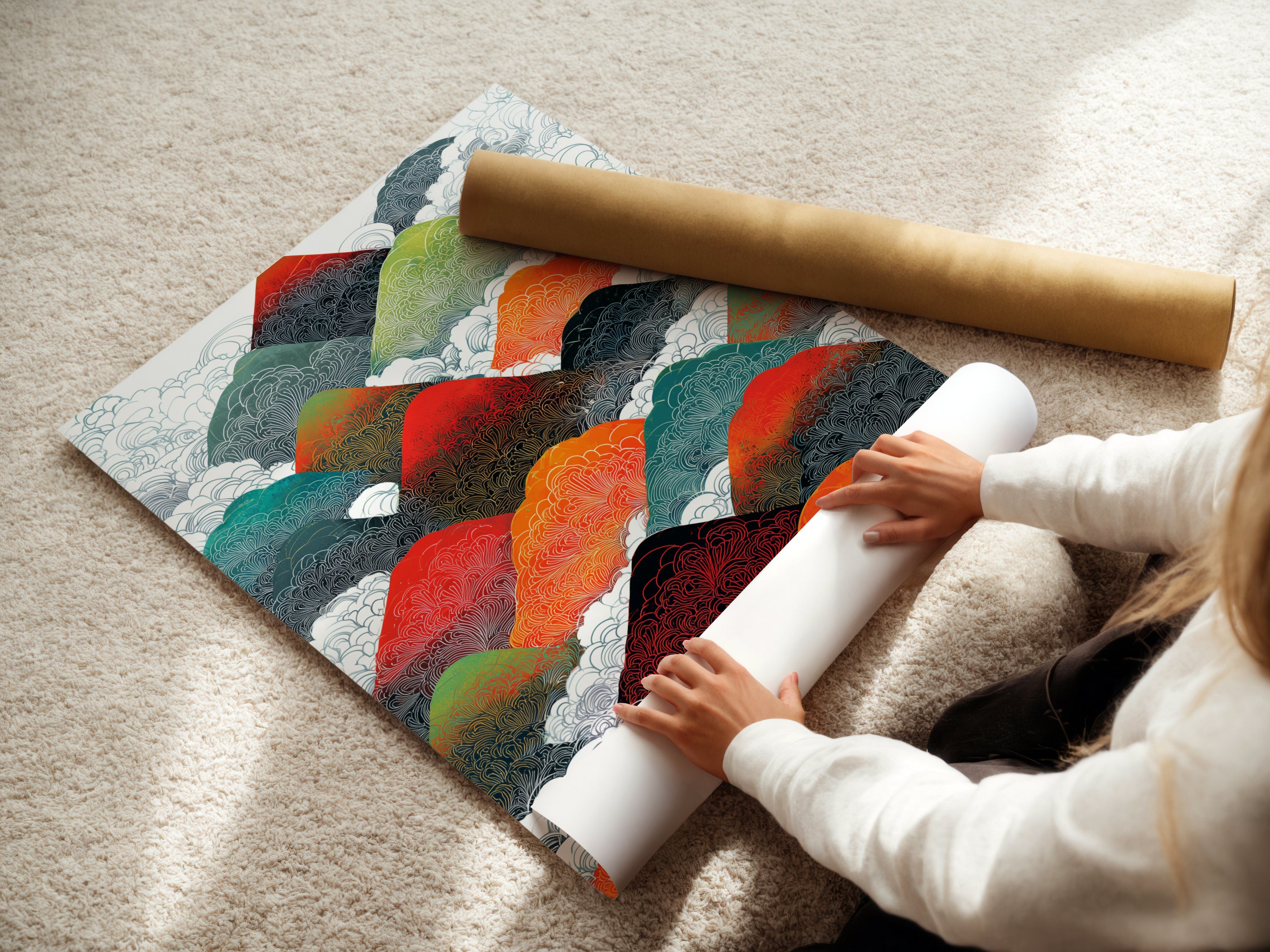 A woman carefully rolling a fine art poster paper print. Preparing mountain range artwork for display. This abstract print showcases vibrant colors. Perfect for geometric art lovers. Get your colorful wall art today.