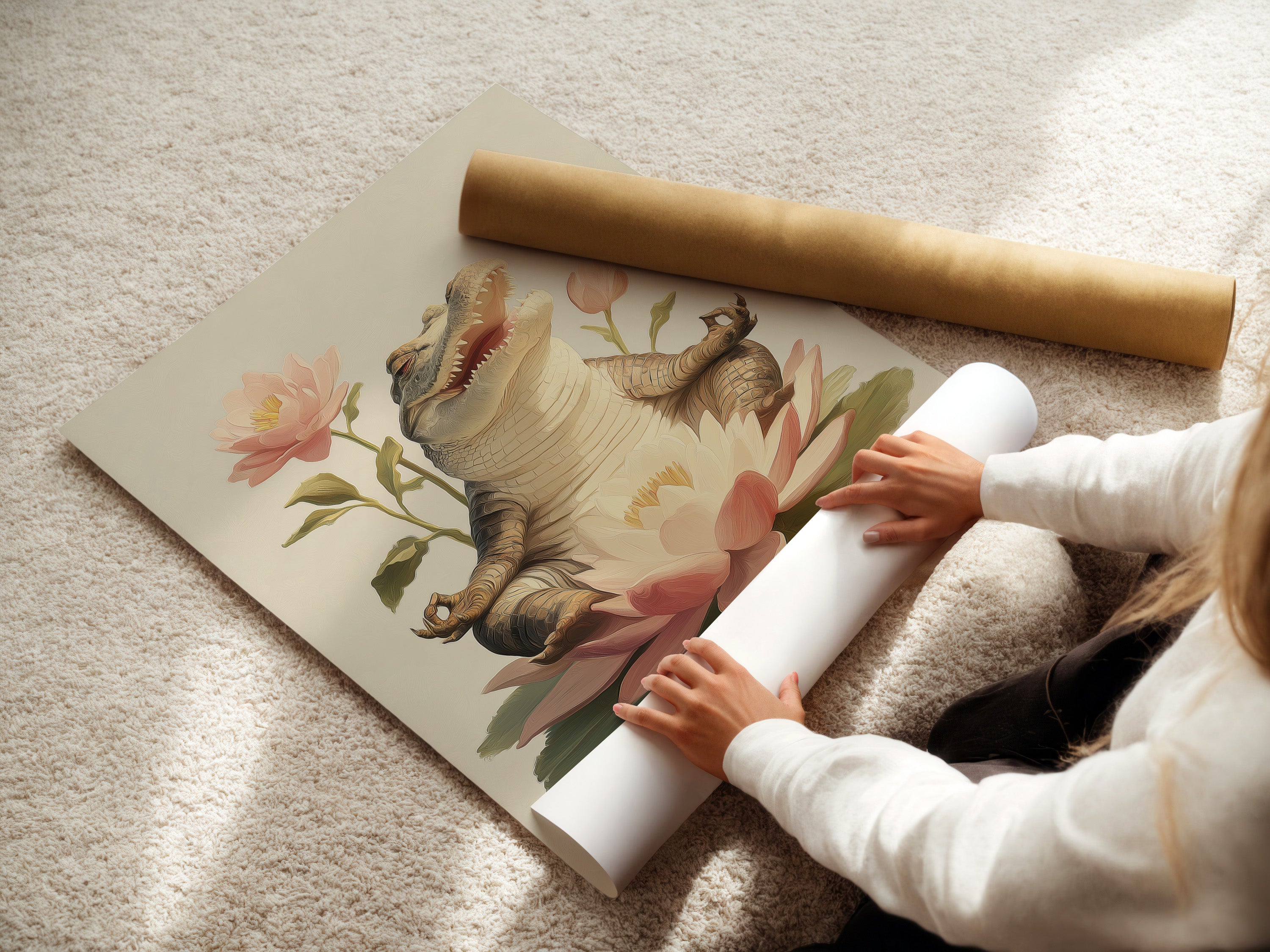 A woman is carefully rolling a fine art poster paper. The poster features the Zen Alligator art. This poster paper is perfect for those who appreciate quirky spiritual art. Add a calming touch to your nursery or living area.