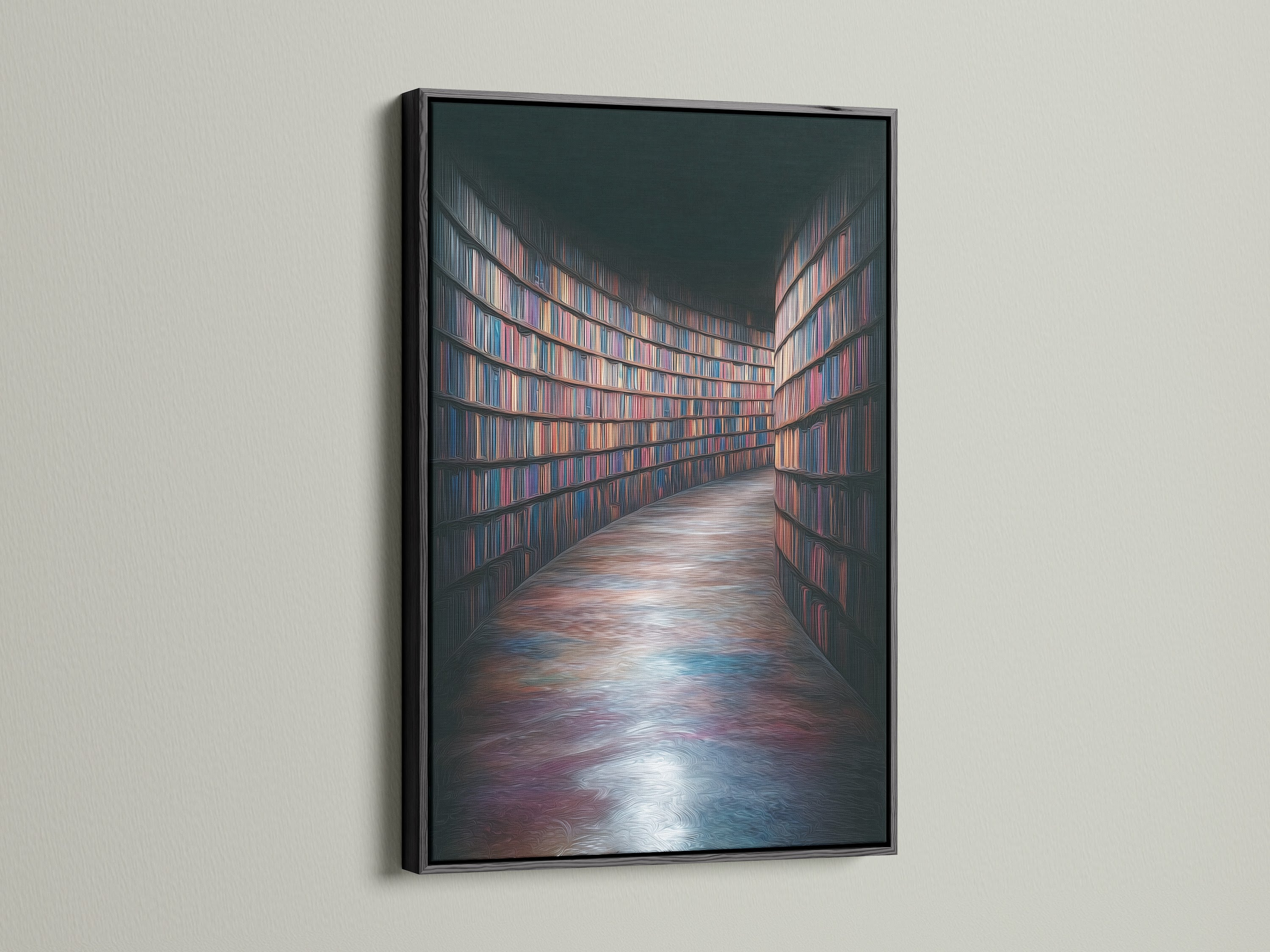 Floating frame options for the Library Books canvas print: brown, oak, black, white, gold