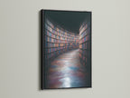 A black frame showcases a striking library bookshelf art print. The dark frame adds contrast and elegance. Ideal for study wall decor. It complements any modern or classic interior. This artwork makes a wonderful book lover gift. Enhance your home with this intellectual art.