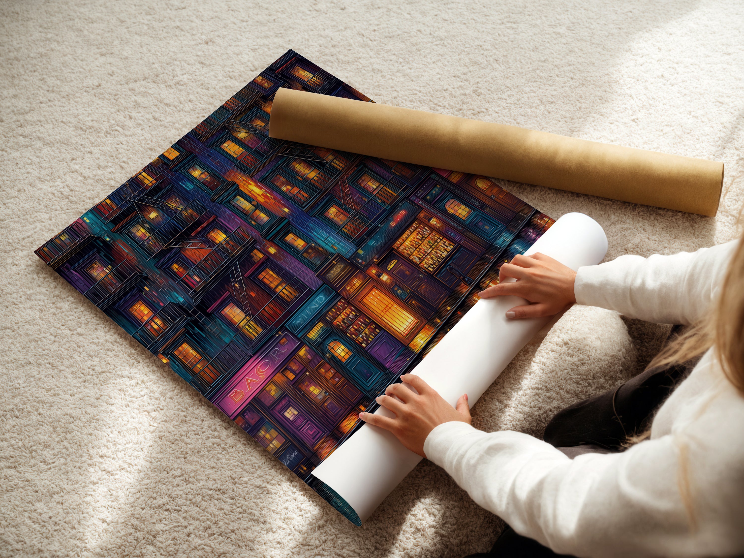 A woman is carefully rolling a fine art poster paper featuring Cityscape at Night. The urban neon artwork is ready for framing. Perfect for modern wall decor. Add a contemporary touch to your home.