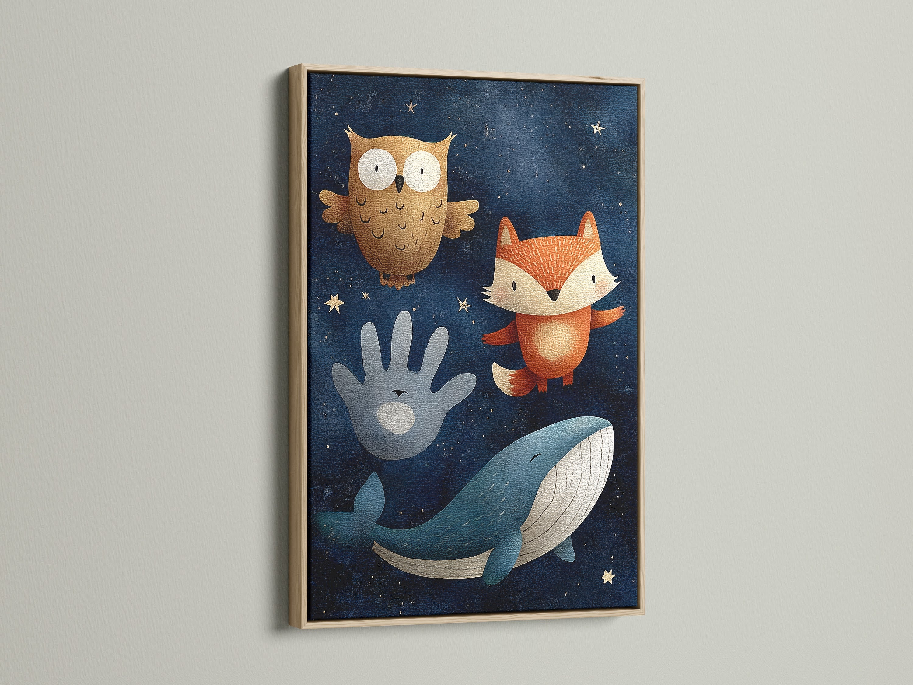 This art print is displayed in a beautiful oak frame. The artwork includes an owl a fox a hand and a whale. The art is displayed on a white wall. Elevate your artwork with our oak frames.