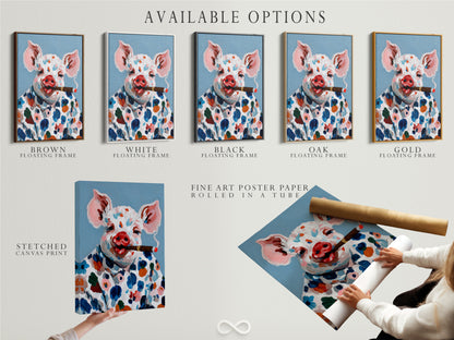 Available options include a stretched canvas print a fine art poster paper and a floating frame. The pig art features a colorful farm animal. Select the perfect format to suit your style and space. This whimsical kitchen decor adds a unique touch to any home. Explore the possibilities for your animal artwork.
