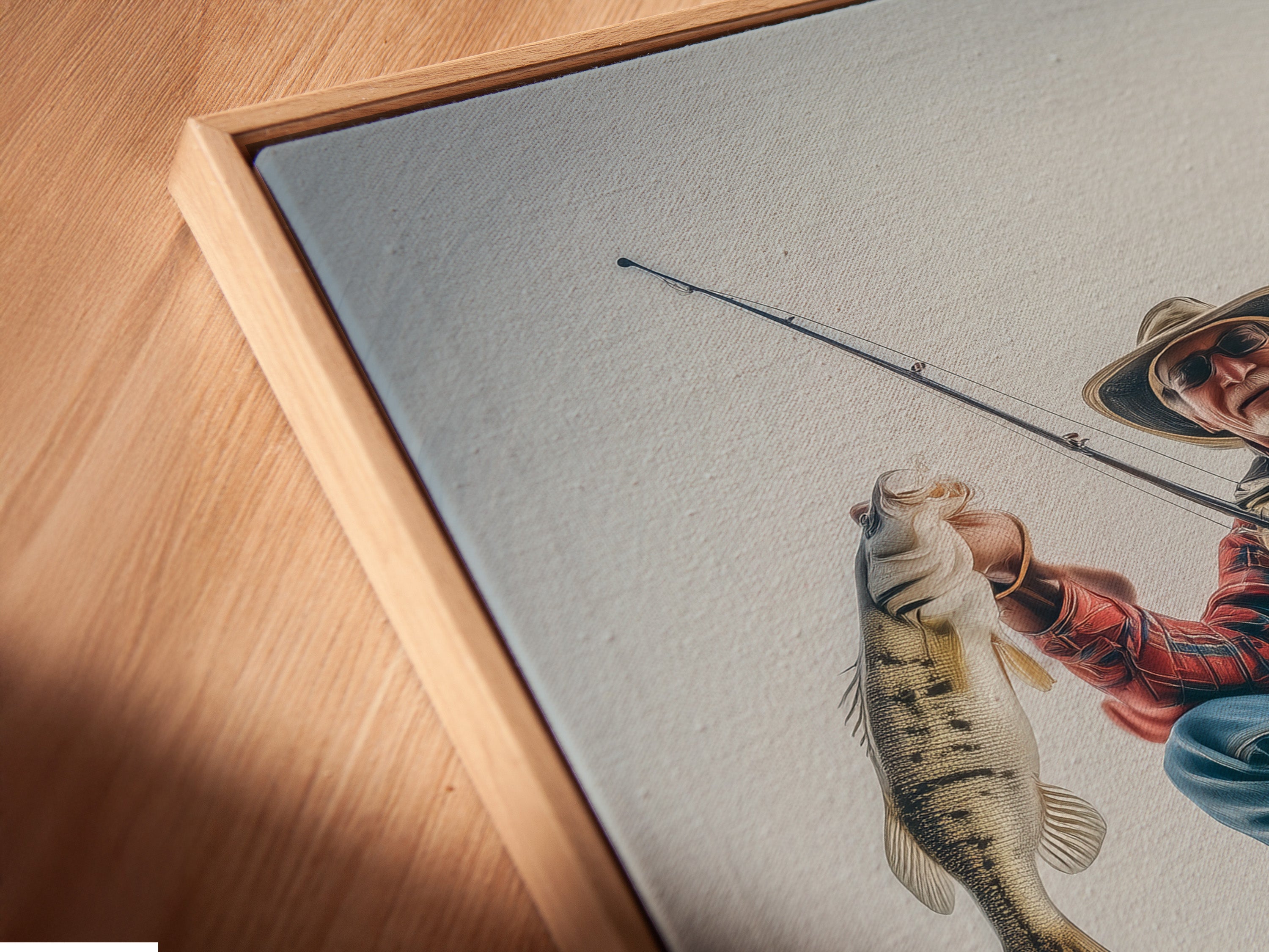 A close-up angled view reveals a canvas print in a floating frame. The floating frame enhances the artwork's contemporary appeal. This framed canvas print adds depth and dimension to your art. Add to cart today!