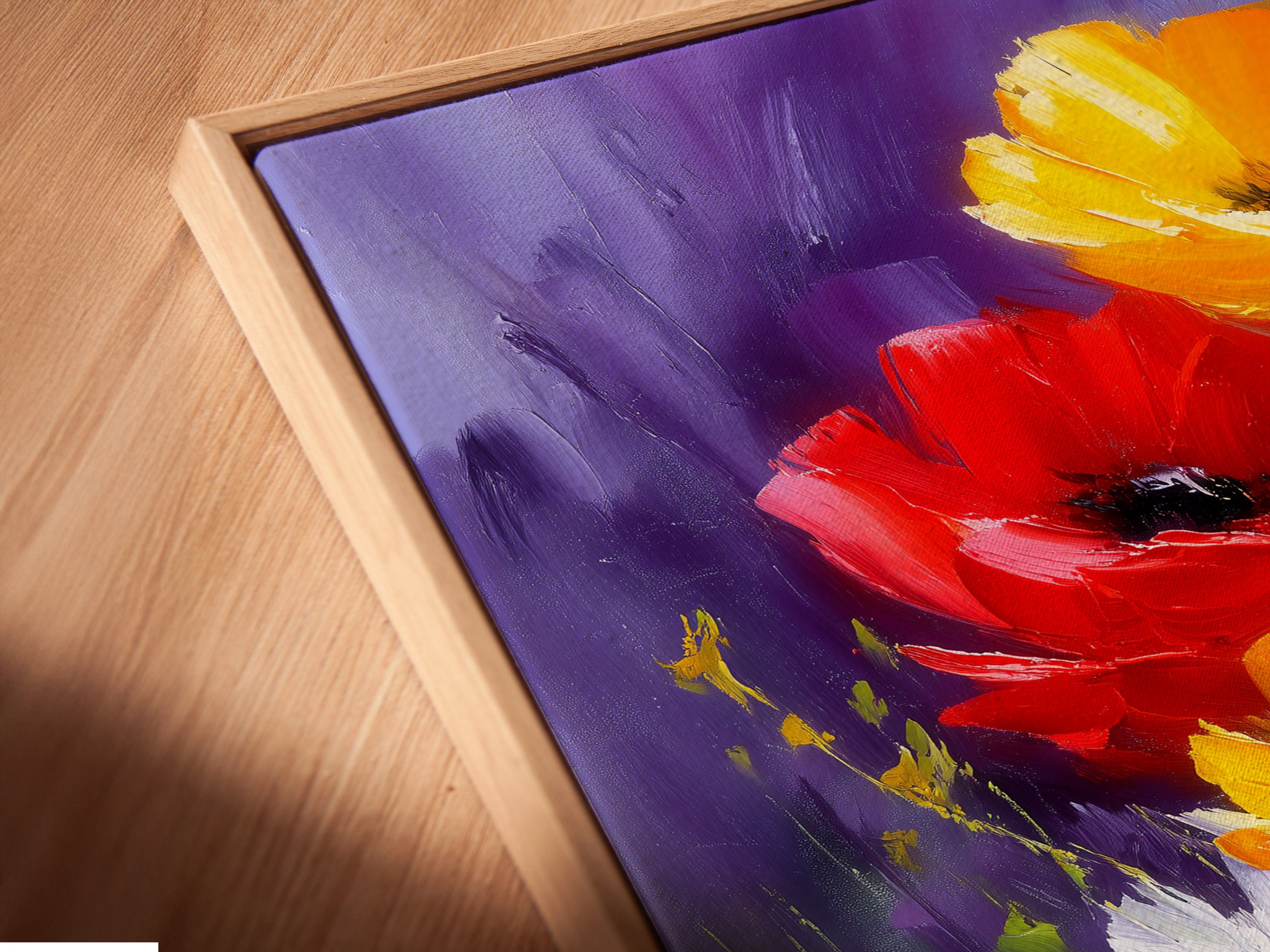 A close-up angled view of a canvas print in a floating frame. The frame gives the artwork a modern gallery-like appearance. It enhances the depth and visual appeal of the art piece.