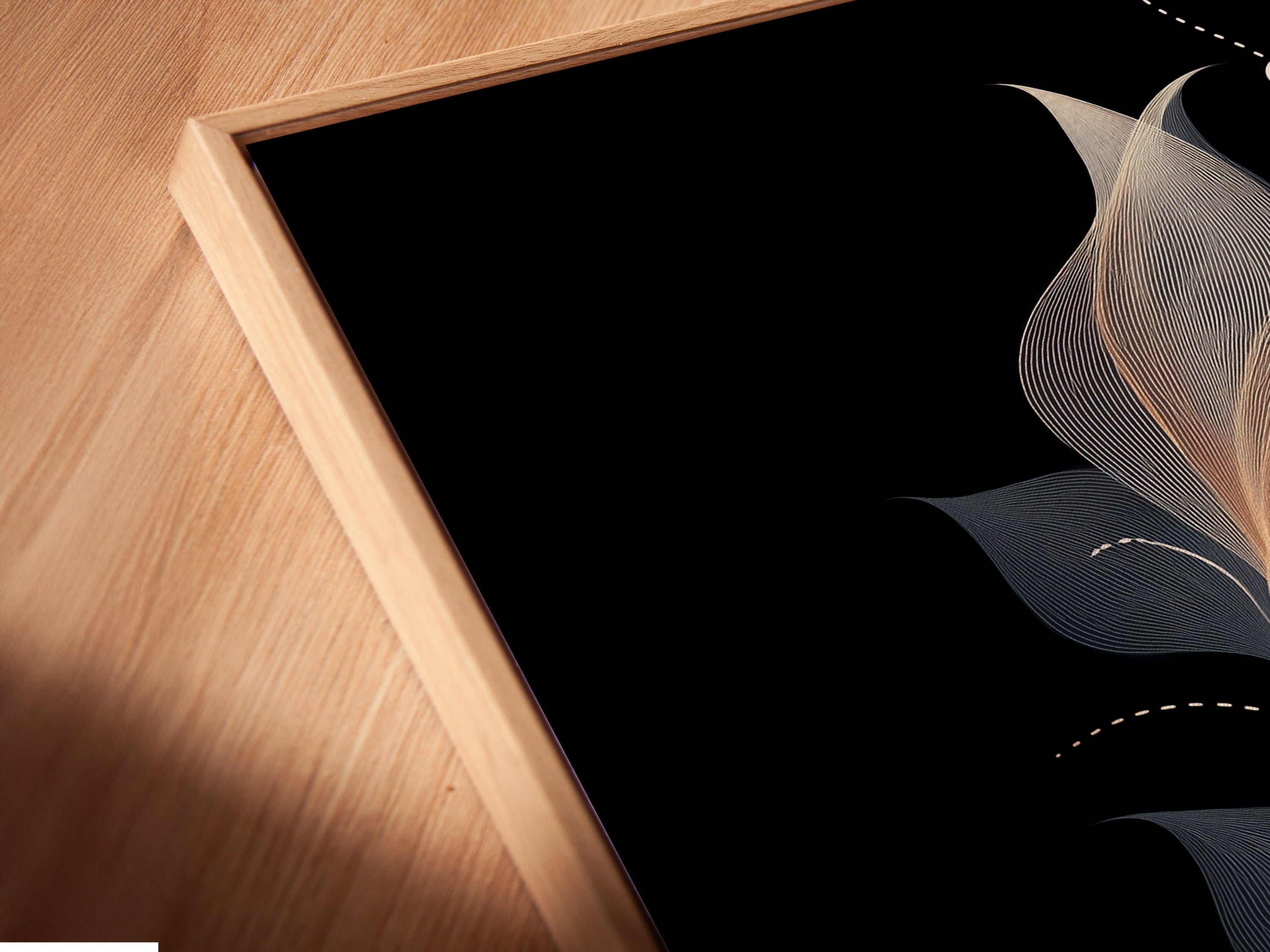 Angled close up of a floral line art canvas print in a floating frame. This abstract flower is a modern botanical print. It's perfect as bedroom decor. The minimalist art has neutral tones and a contemporary style.