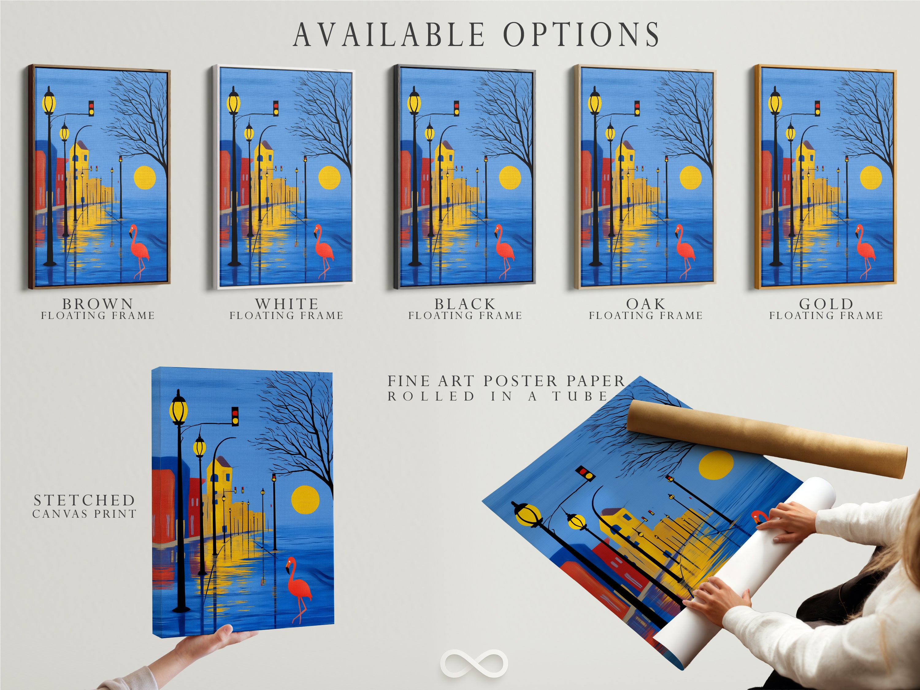 Explore our available options: stretched canvas print fine art poster paper and floating frame. Find the perfect format for your cityscape artwork. Featuring a flamingo this modern art is versatile. Elevate your decor today with our quality prints.