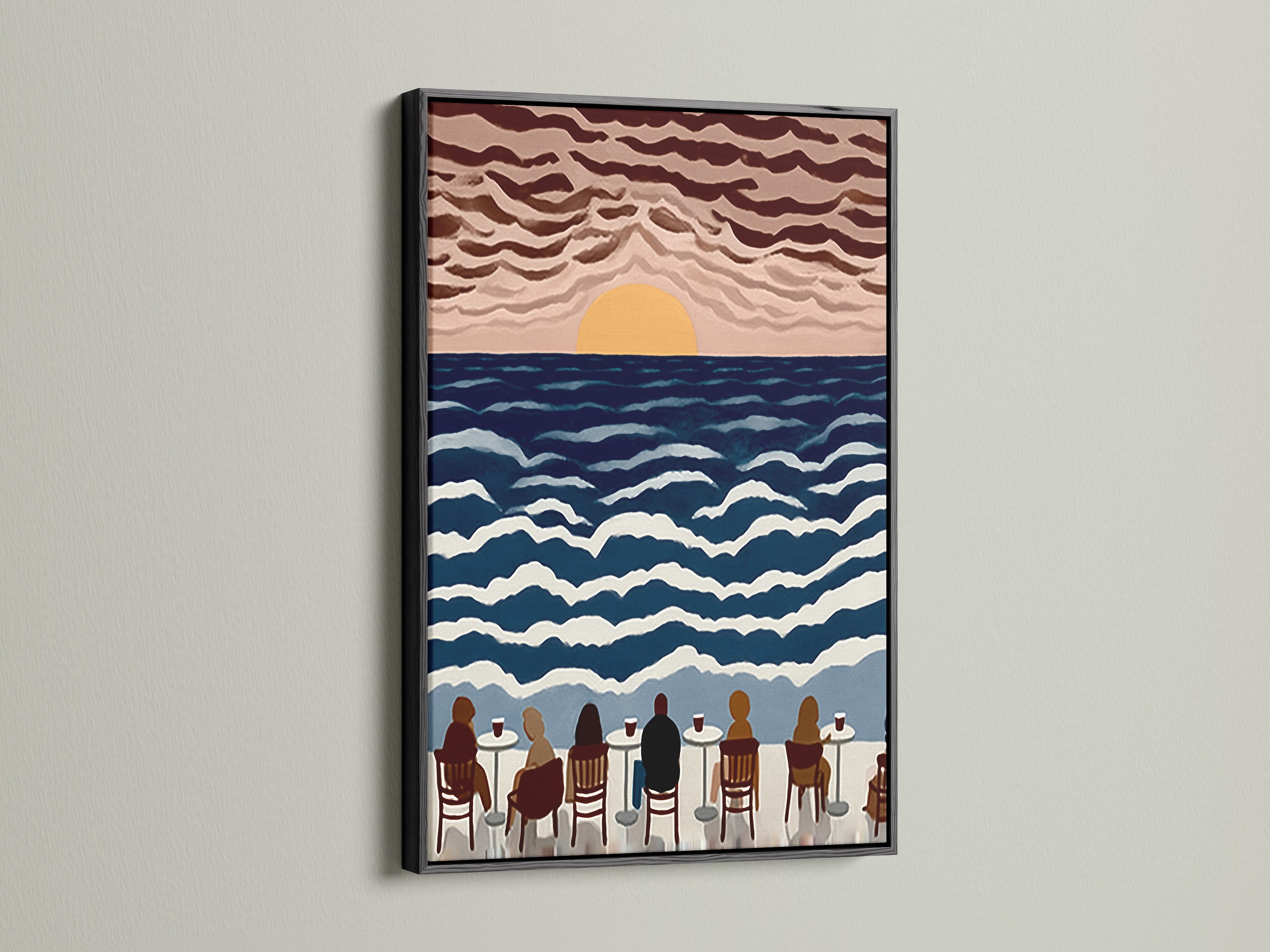 Elevate your space with our seaside cafe canvas artwork in a black frame. This piece features a sunset ocean view. Perfect coastal artwork for a dining area. Enjoy the calming sea view print.