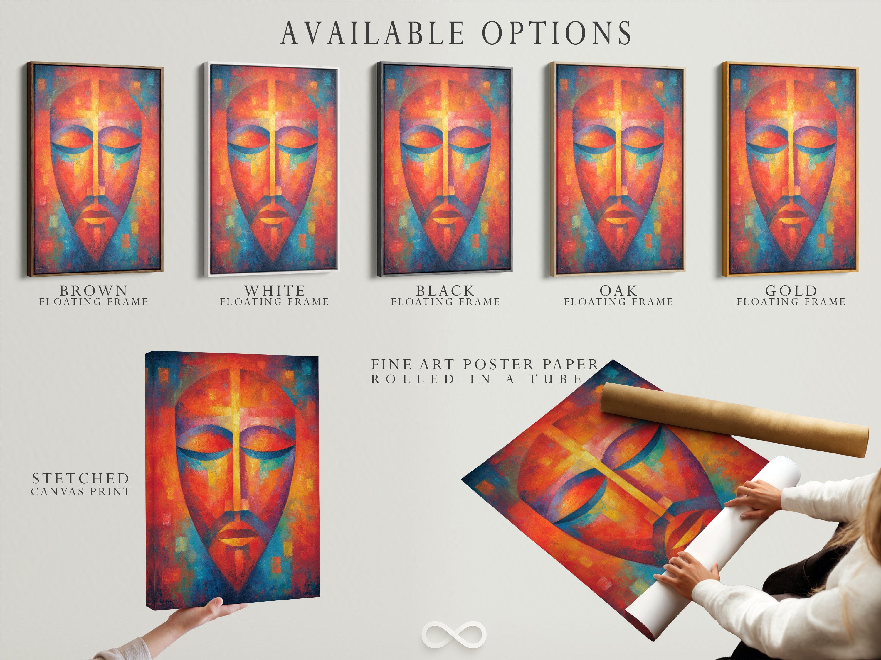 Explore available options for your artwork display. Choose from stretched canvas prints for a modern look. Opt for fine art poster paper for detailed artwork. Select a floating frame to add depth and sophistication. Customize your art to fit your style.