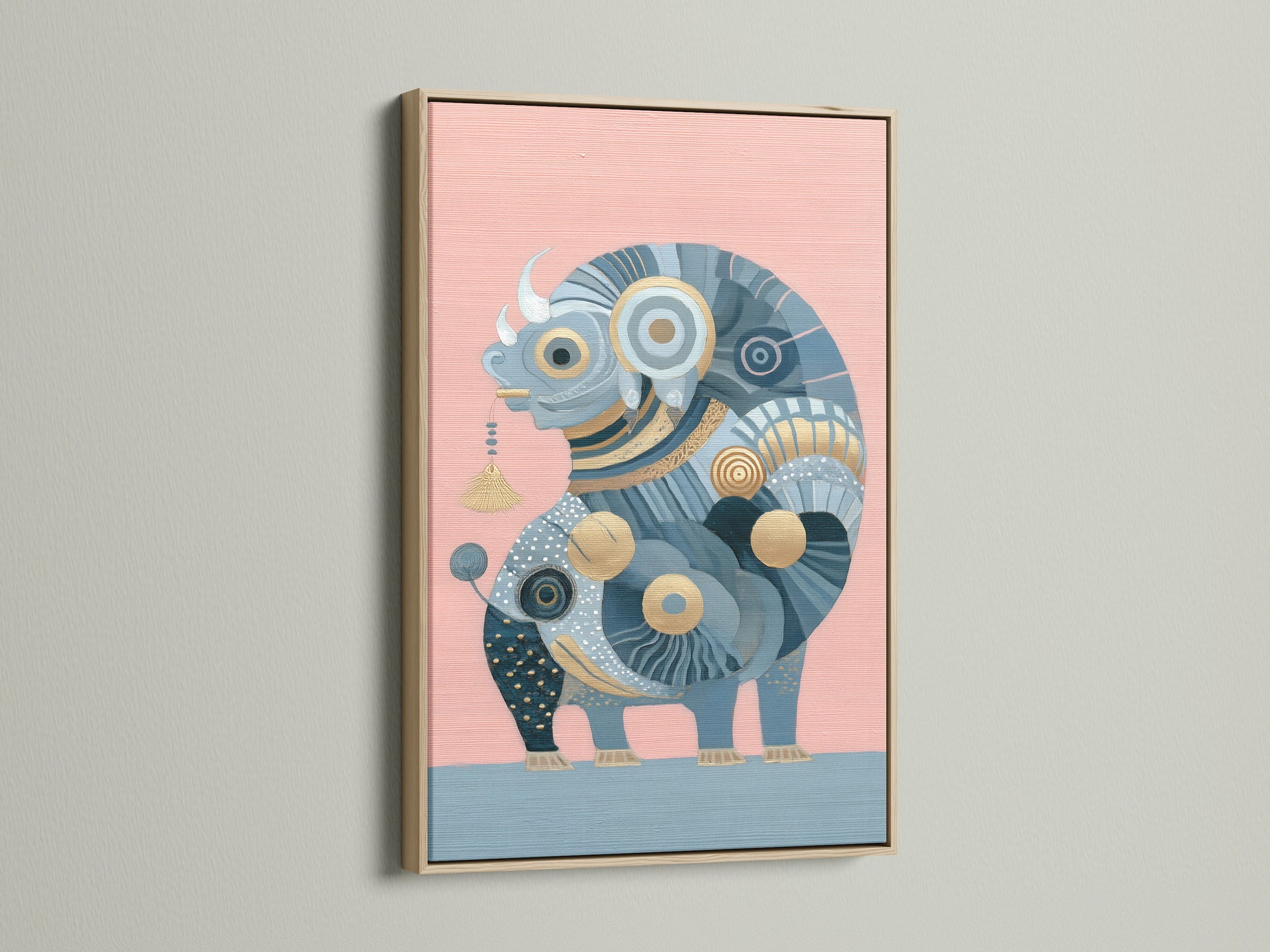 Abstract Bull canvas print in an oak frame. The blue and gold animal artwork is perfect for an entryway. Shop modern art prints and geometric animal artwork. Elevate your living room with this statement art.