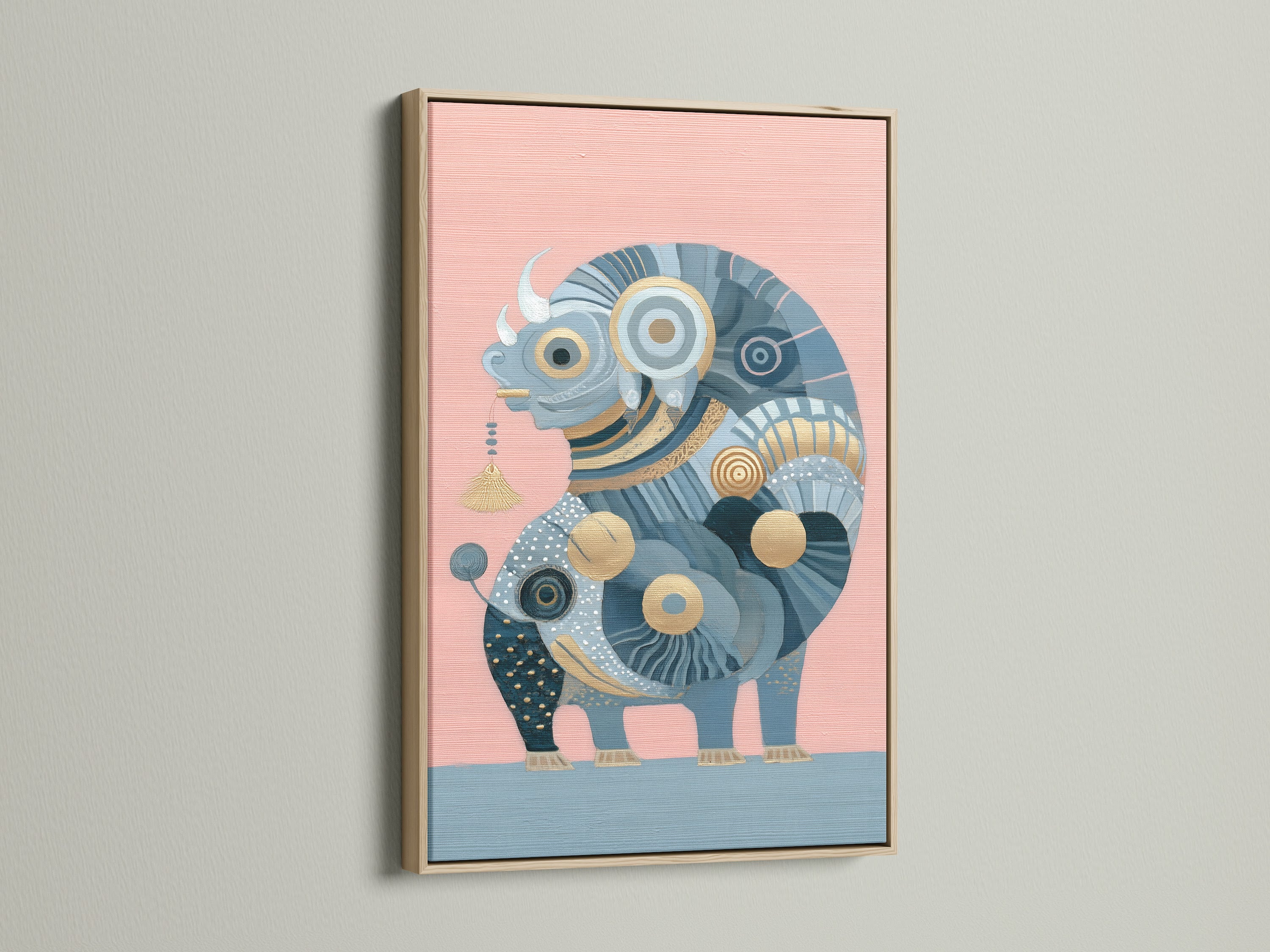 Abstract Bull canvas print in an oak frame. The blue and gold animal artwork is perfect for an entryway. Shop modern art prints and geometric animal artwork. Elevate your living room with this statement art.