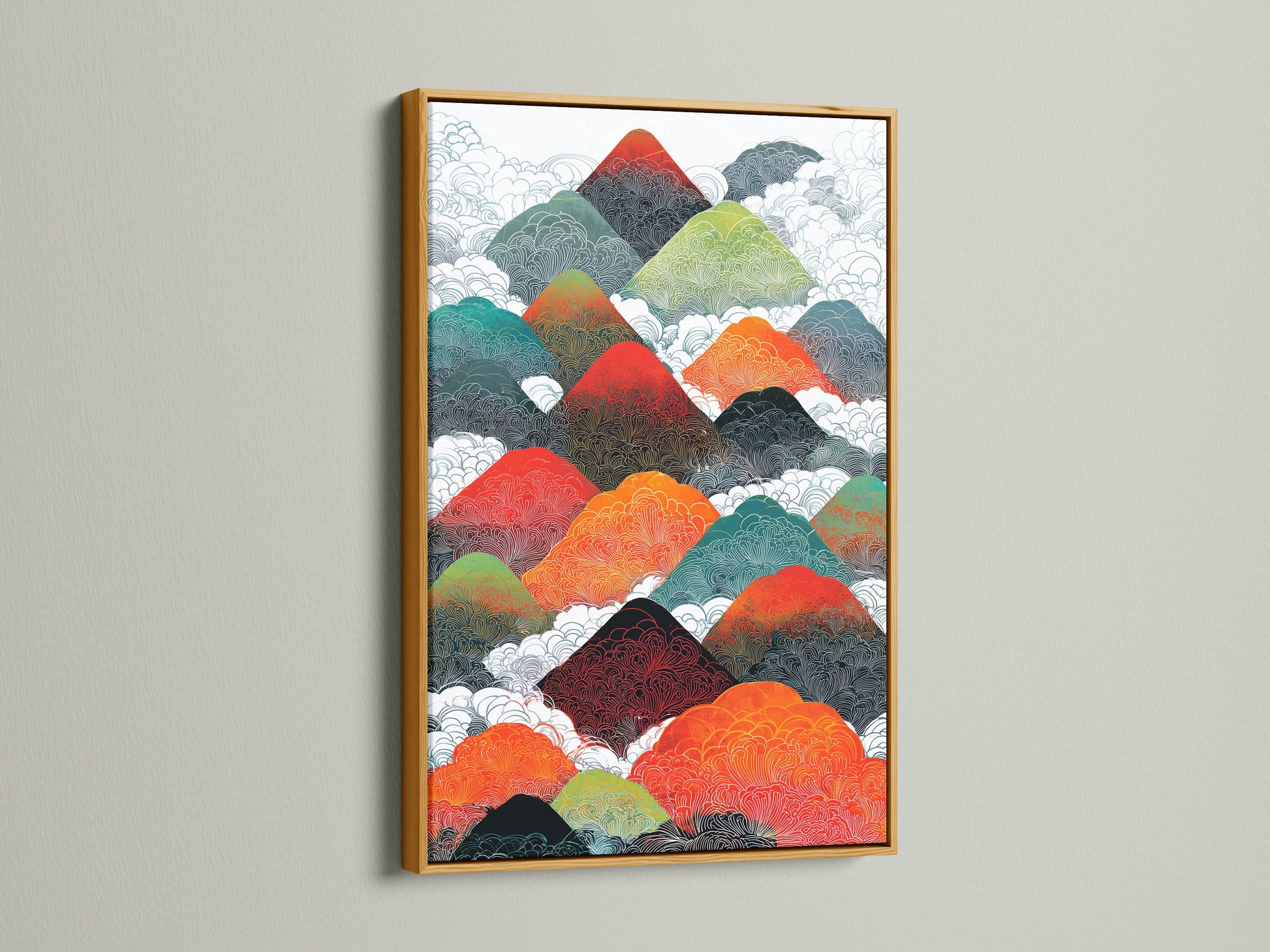 Experience the luxurious touch of a gold frame. This frame elevates the mountain range artwork. The gold frame brings warmth and sophistication to abstract landscape canvas or colorful nature wall decor. The gold frame enhances any home office or contemporary art setting.