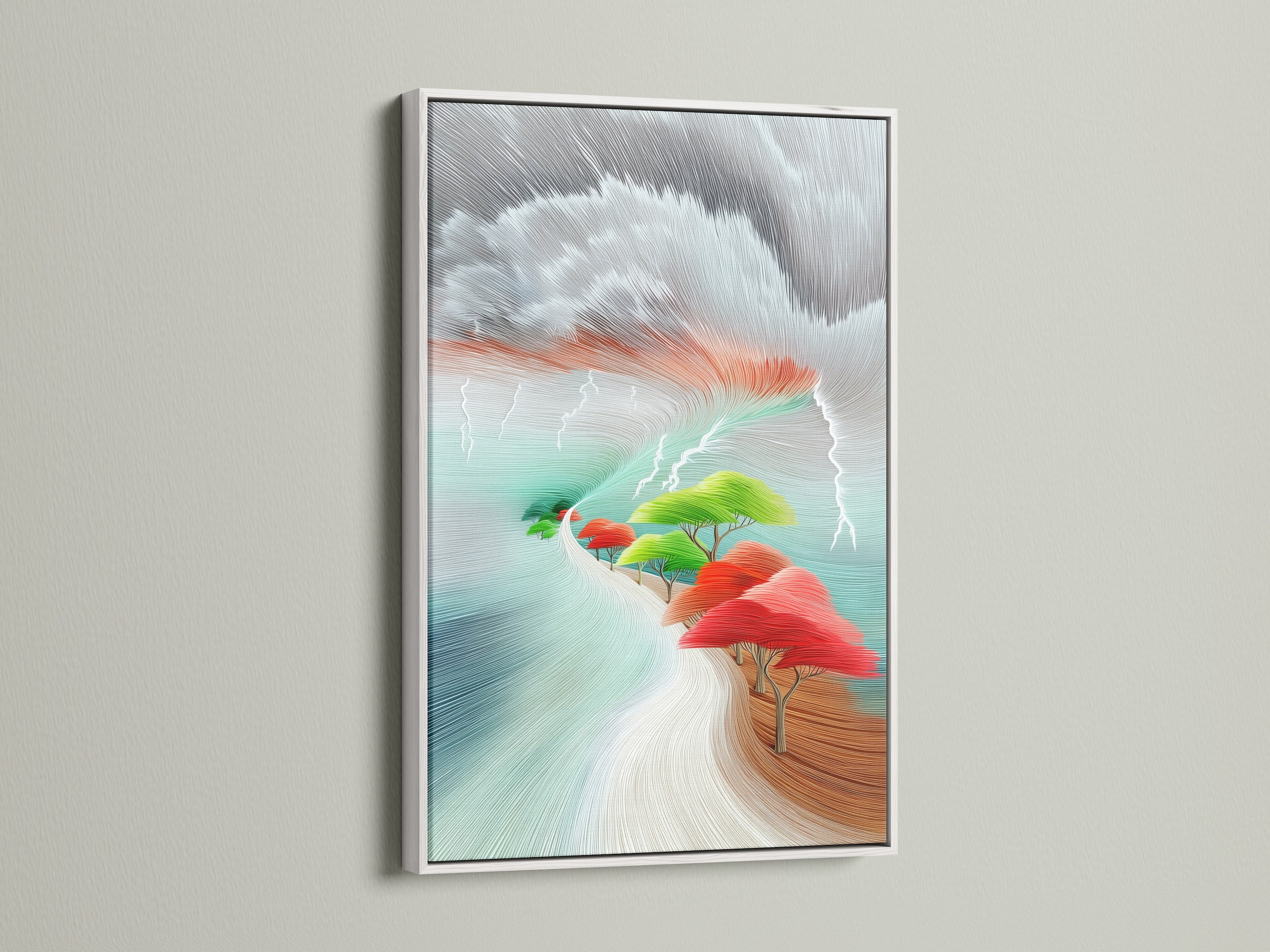 A white frame beautifully displays a modern abstract landscape artwork print. The colorful trees and nature scene pop against the white. This artwork is a great addition to your living room wall or office. Its a perfect modern art piece.