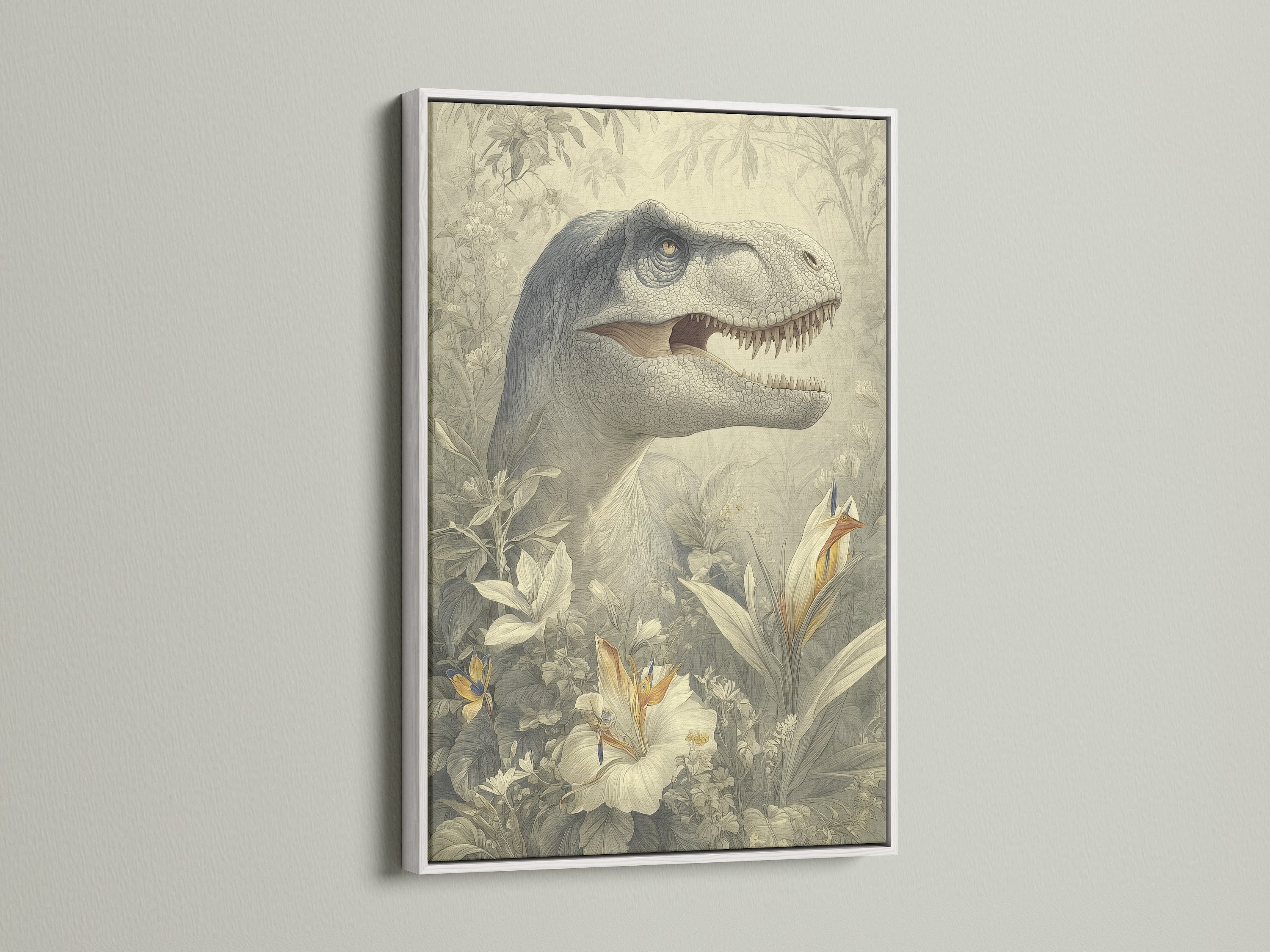A clean white frame presents a dinosaur artwork. White frames offer a modern minimalist look. They make artwork pop. Discover the elegance of our white frame selection for your next piece.