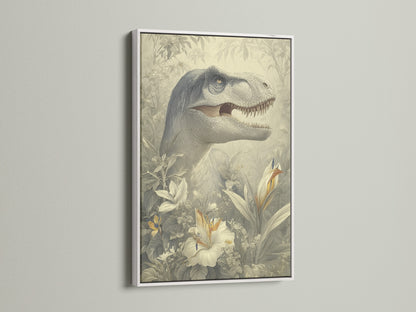 A clean white frame presents a dinosaur artwork. White frames offer a modern minimalist look. They make artwork pop. Discover the elegance of our white frame selection for your next piece.