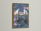 Digital Glitch Dumbbell Art in a gold frame. This dumbbell art features digital distortion. The gold frame adds a touch of elegance. This cyber art print is perfect for home gym wall art.