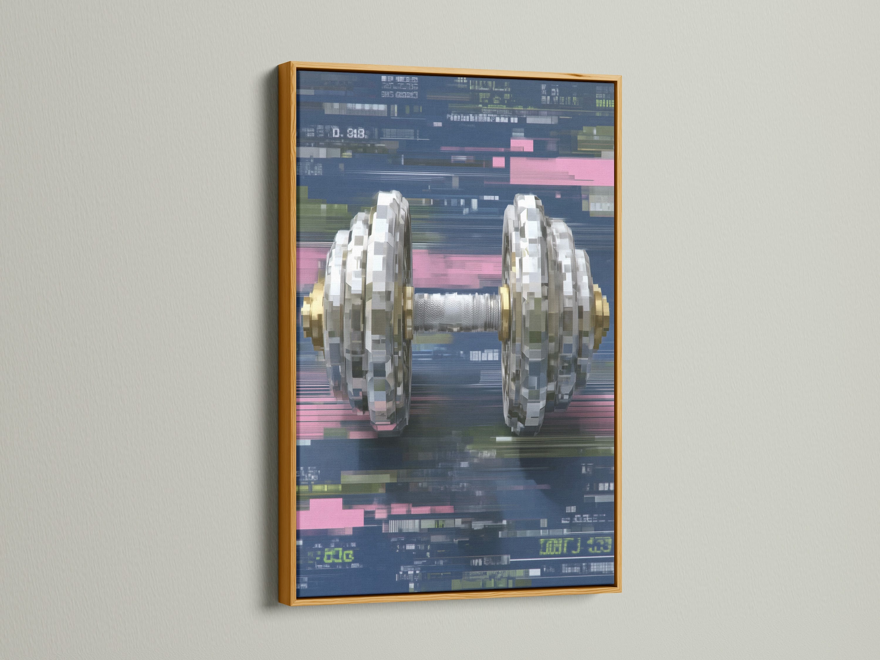 Digital Glitch Dumbbell Art in a gold frame. This dumbbell art features digital distortion. The gold frame adds a touch of elegance. This cyber art print is perfect for home gym wall art.