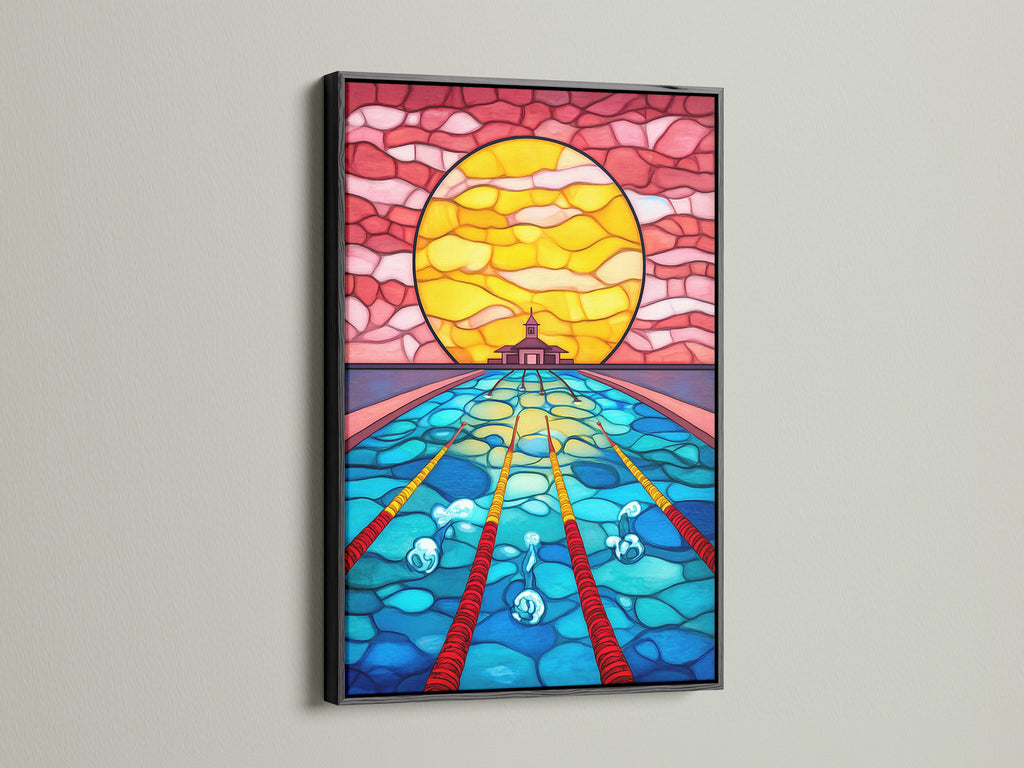 Stained Glass Ocean Artwork is showcased in a black frame. This mosaic wall art adds a unique touch. The underwater temple canvas print is eye-catching. This colorful mosaic artwork enhances any room.