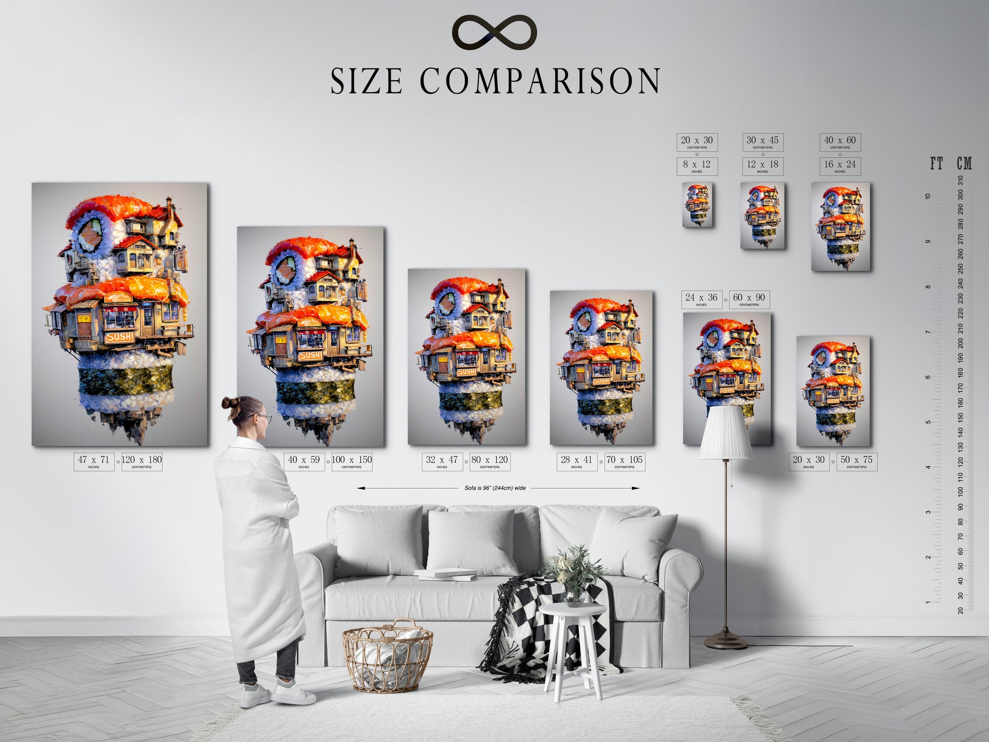 Size comparison chart in interior. See how this whimsical Japanese food artwork fits in your space. Visualize the perfect size for your kitchen or cafe. This chart helps you choose the right dimensions.