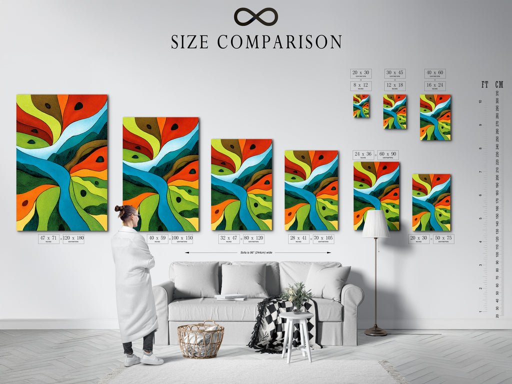 A size comparison chart is displayed in a room. The chart helps visualize different artwork sizes. Find the perfect size for your space. This chart provides a clear understanding of dimensions. Plan your art arrangement effectively.
